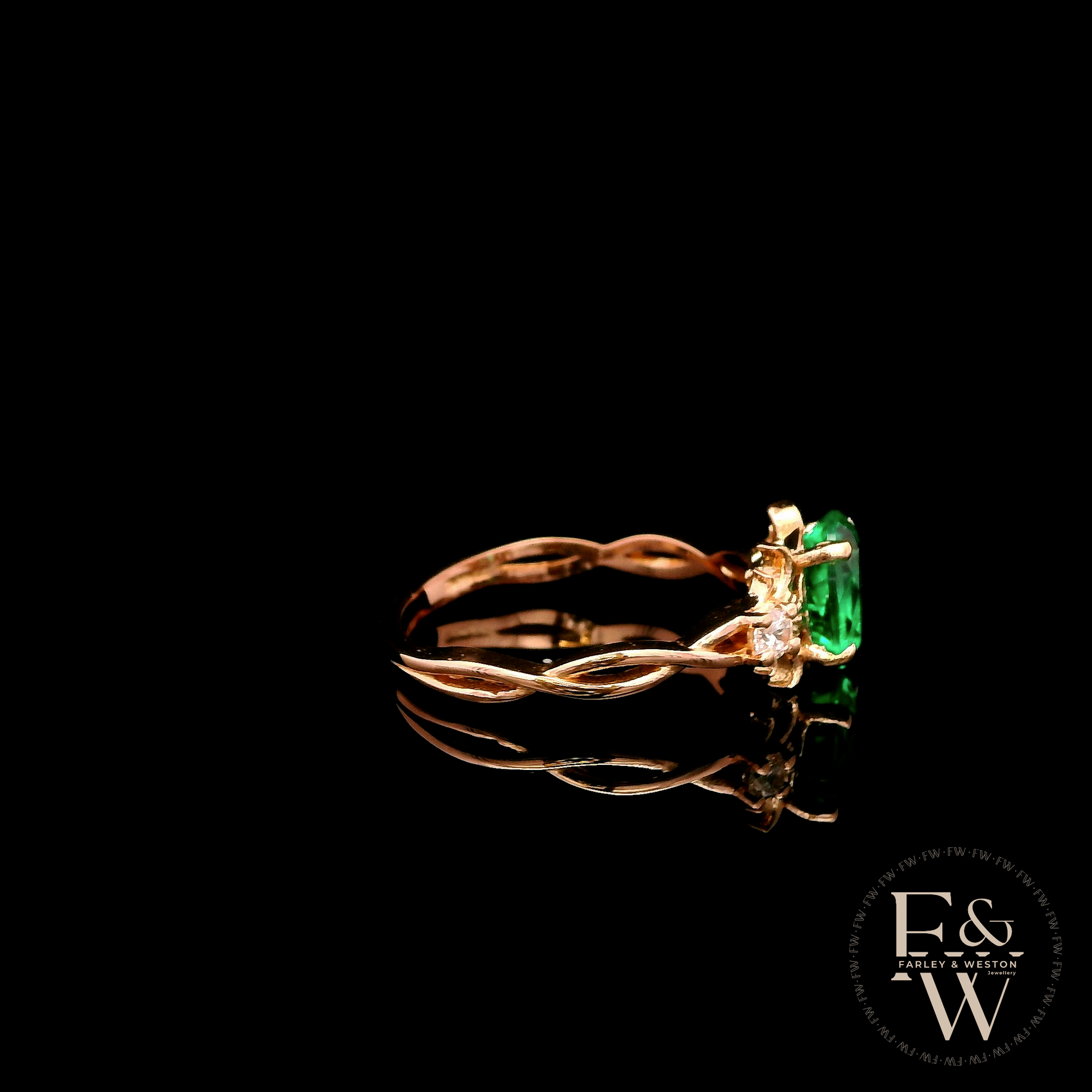 9ct Rose Gold Patterned Twist Shank Lab-Grown Emerald Trilogy Ring