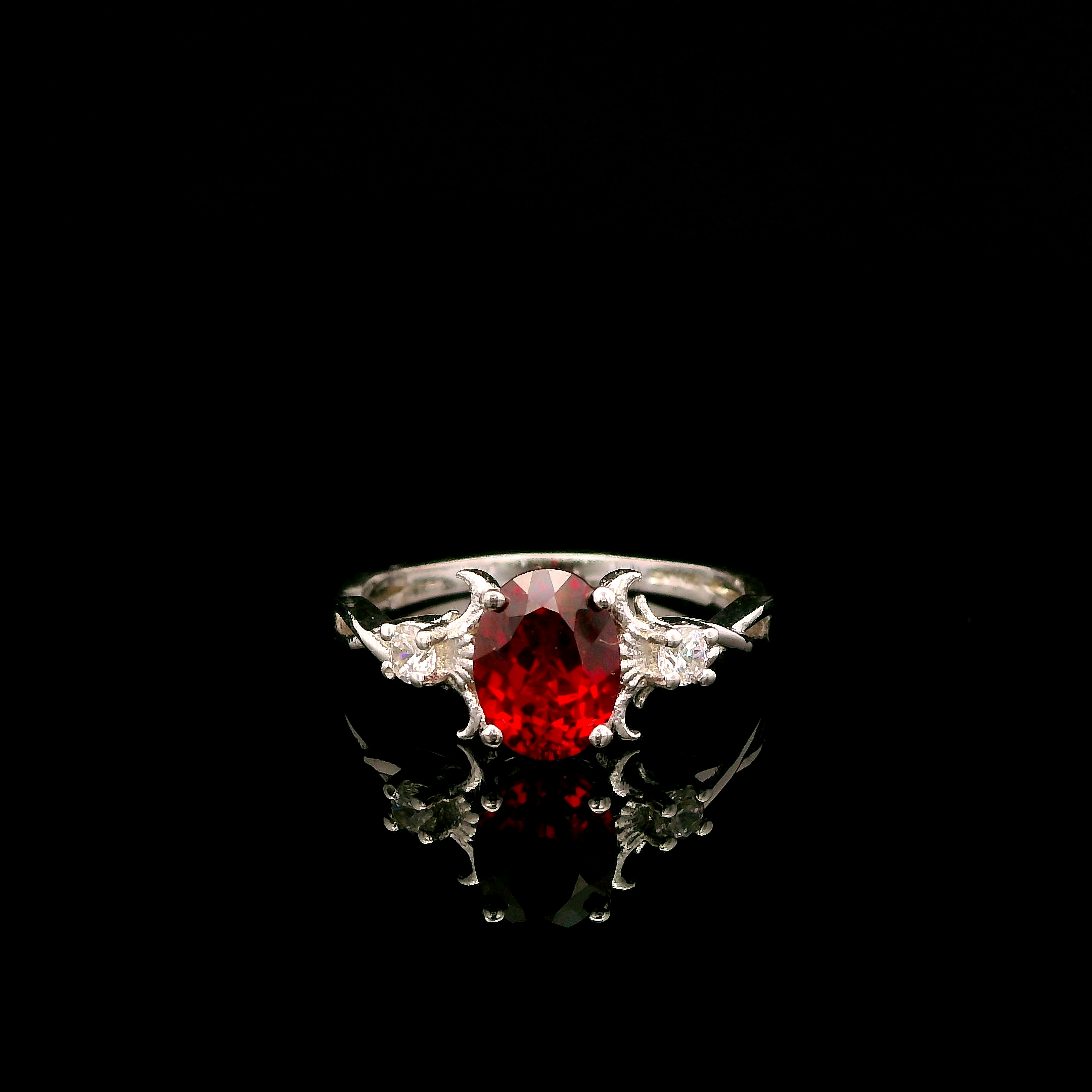 9ct White Gold Patterned Twist Shank Lab-Grown Ruby Trilogy Ring