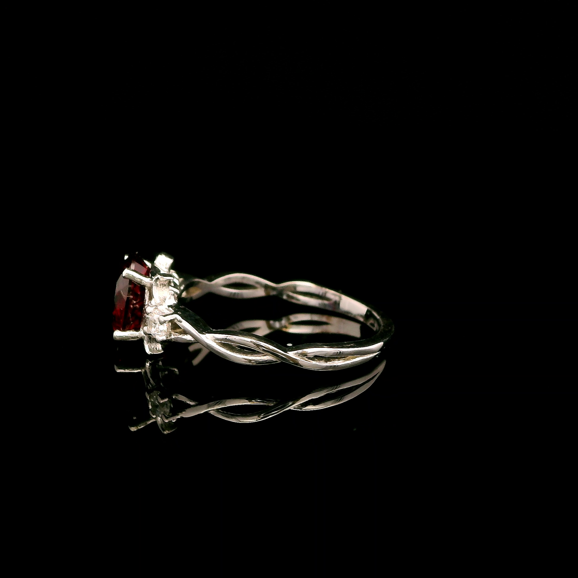9ct White Gold Patterned Twist Shank Lab-Grown Ruby Trilogy Ring