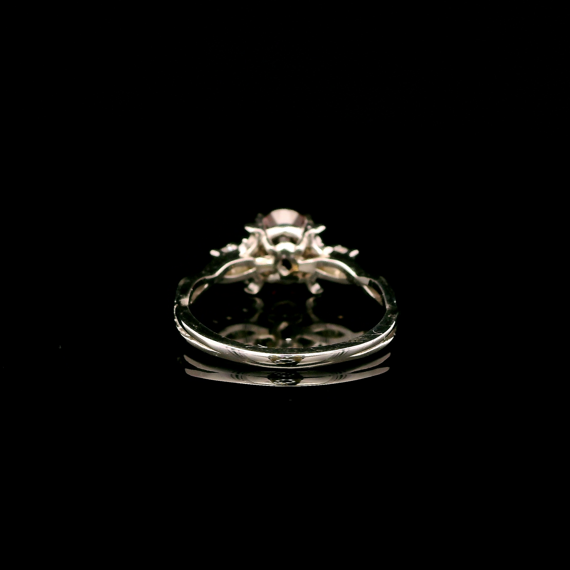 9ct White Gold Patterned Twist Shank Lab-Grown Ruby Trilogy Ring