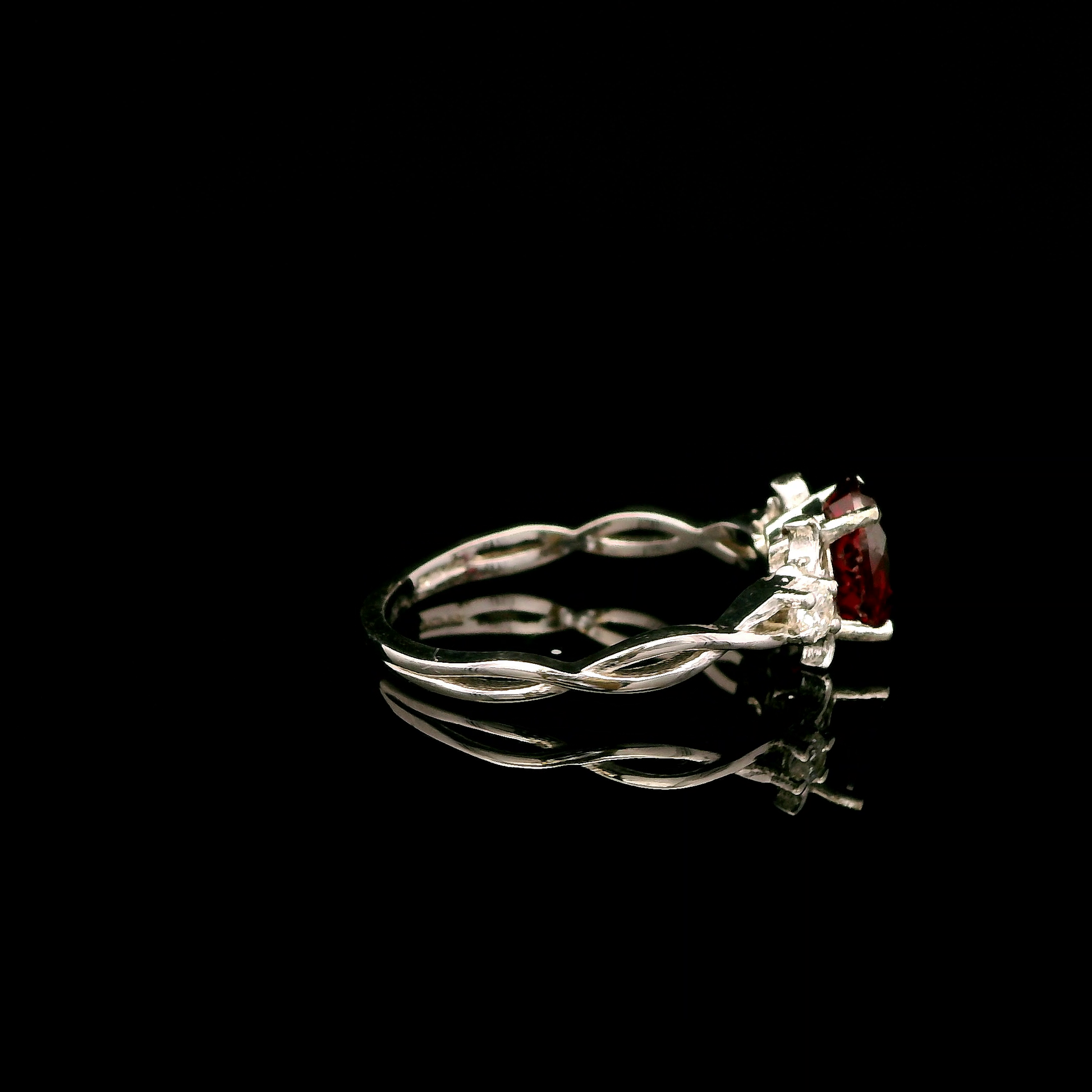 9ct White Gold Patterned Twist Shank Lab-Grown Ruby Trilogy Ring