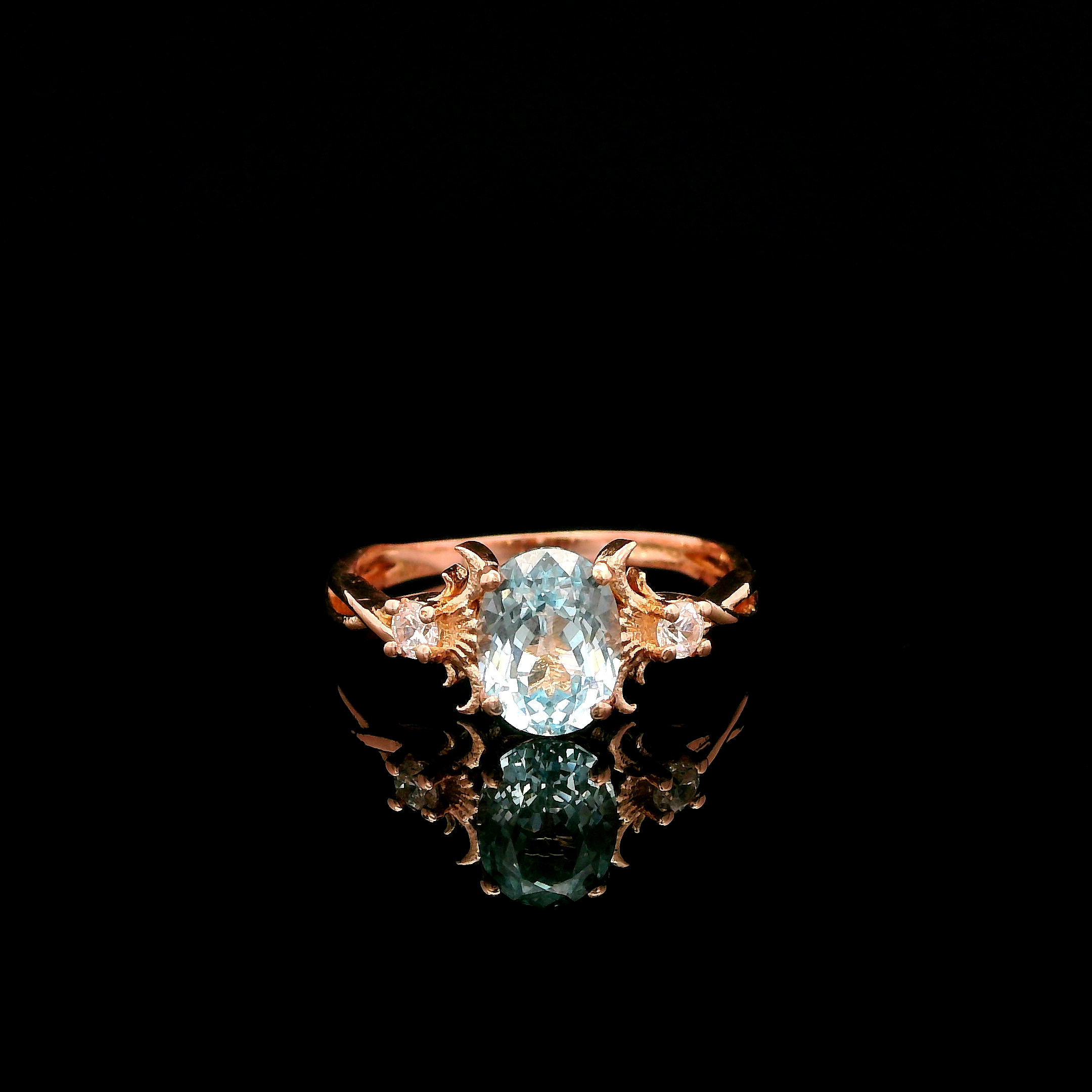 9ct Rose Gold Patterned Twist Shank Lab-Grown Aqua Trilogy Ring