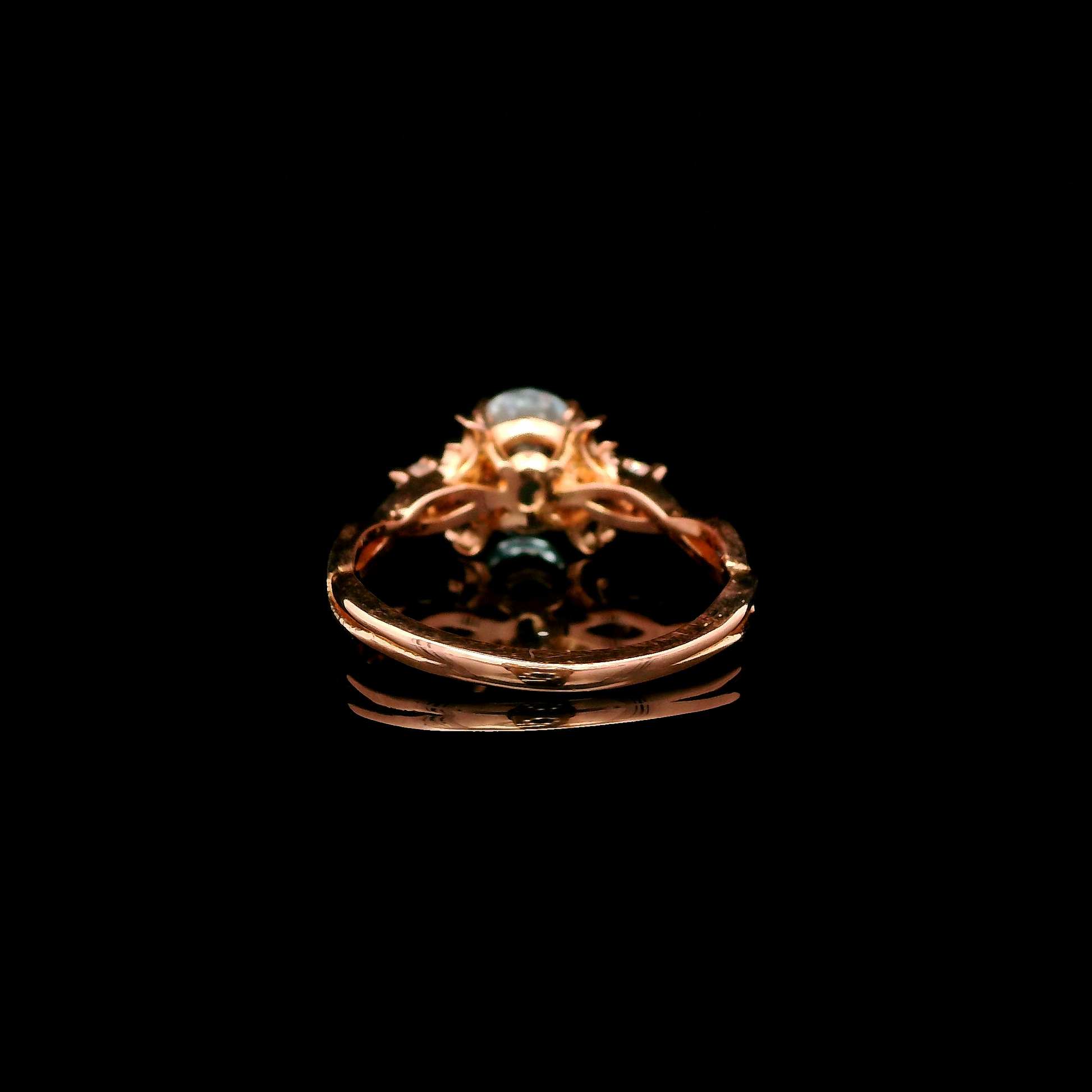 9ct Rose Gold Patterned Twist Shank Lab-Grown Aqua Trilogy Ring