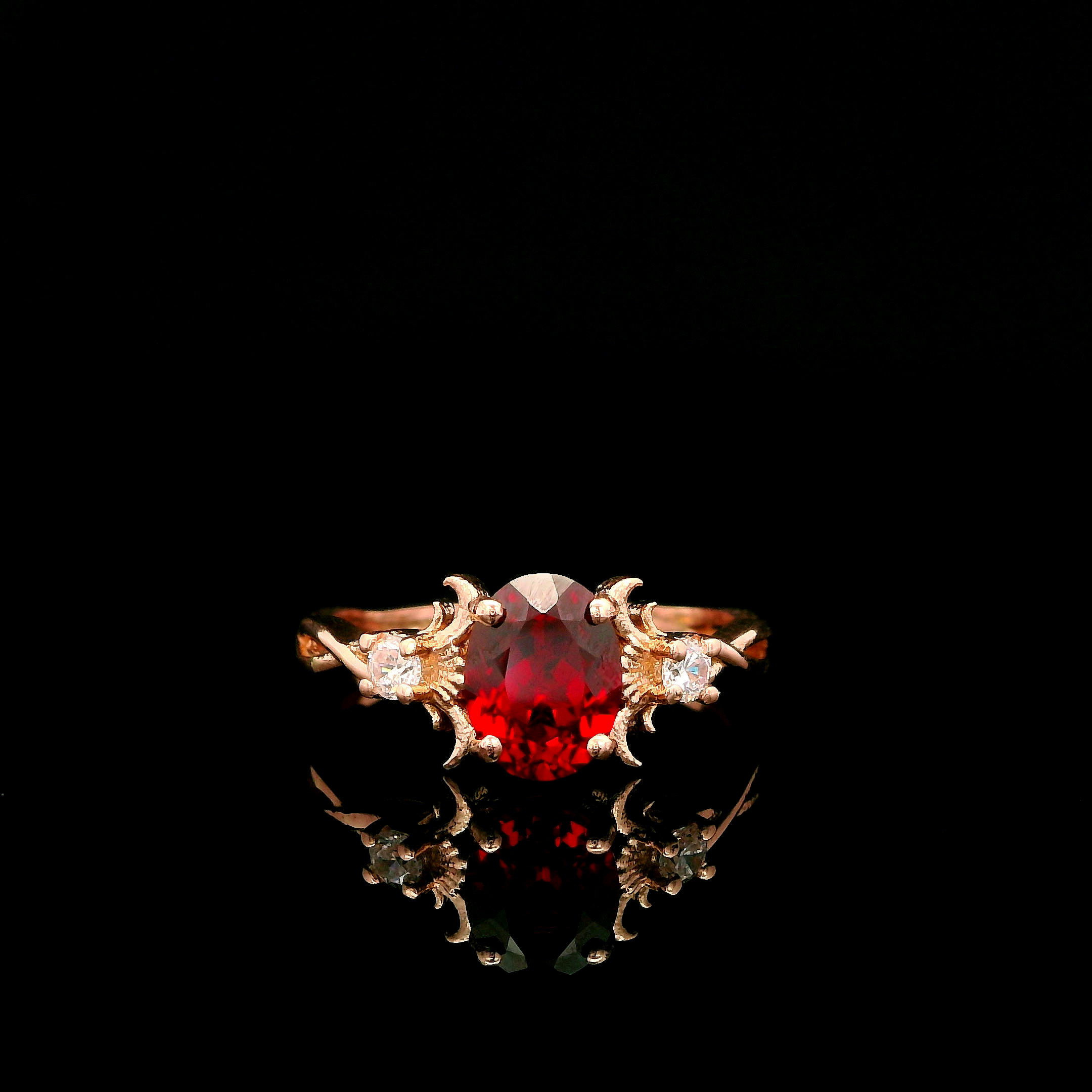 9ct Rose Gold Patterned Twist Shank Lab-Grown Ruby Trilogy Ring