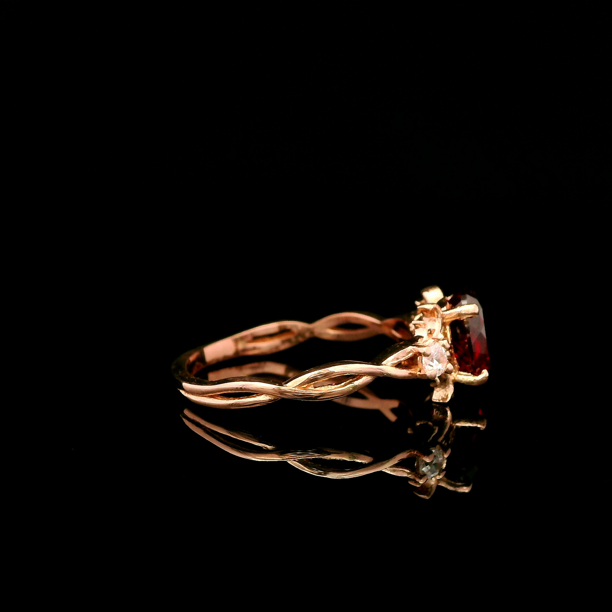 9ct Rose Gold Patterned Twist Shank Lab-Grown Ruby Trilogy Ring