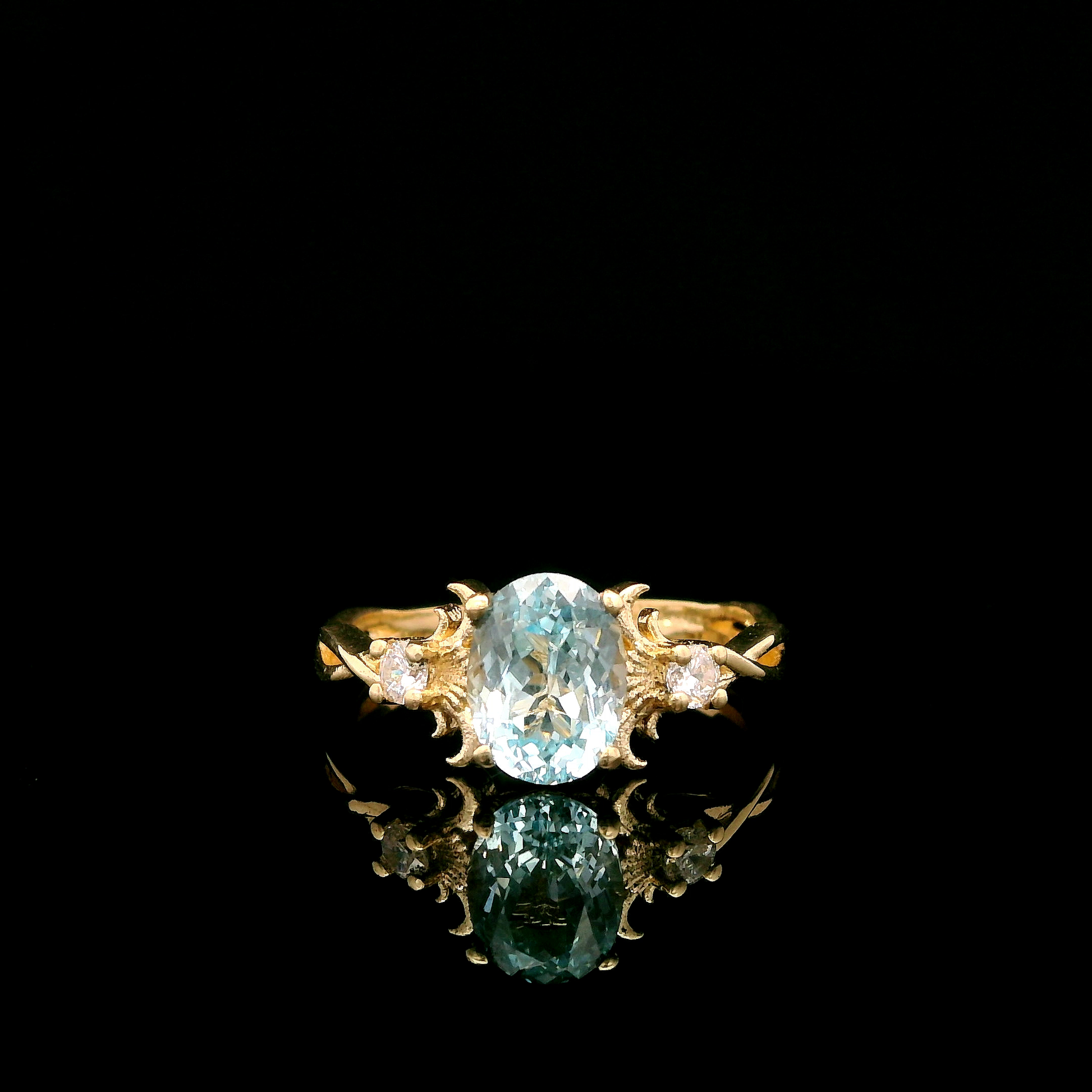 9ct Yellow Gold Patterned Twist Shank Lab-Grown Aqua Trilogy Ring