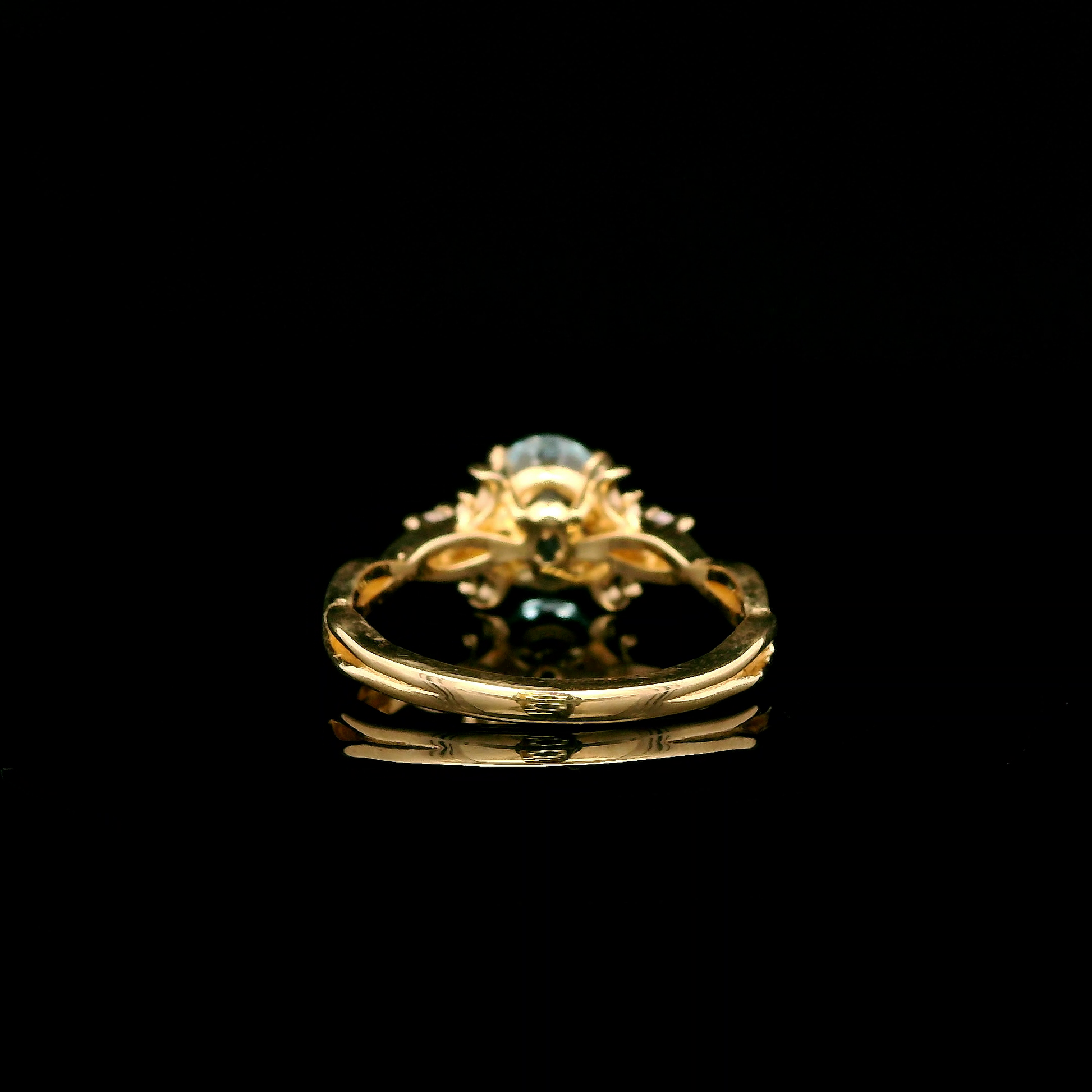 9ct Yellow Gold Patterned Twist Shank Lab-Grown Aqua Trilogy Ring