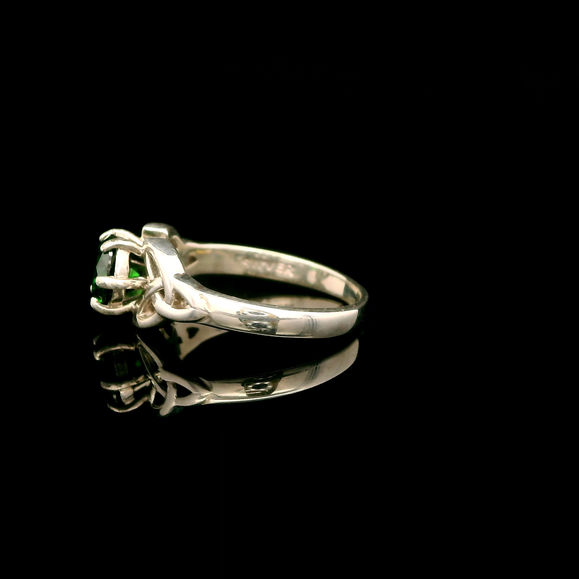 Celtic Patterned Sterling Silver Emerald CZ Single Stone Ring