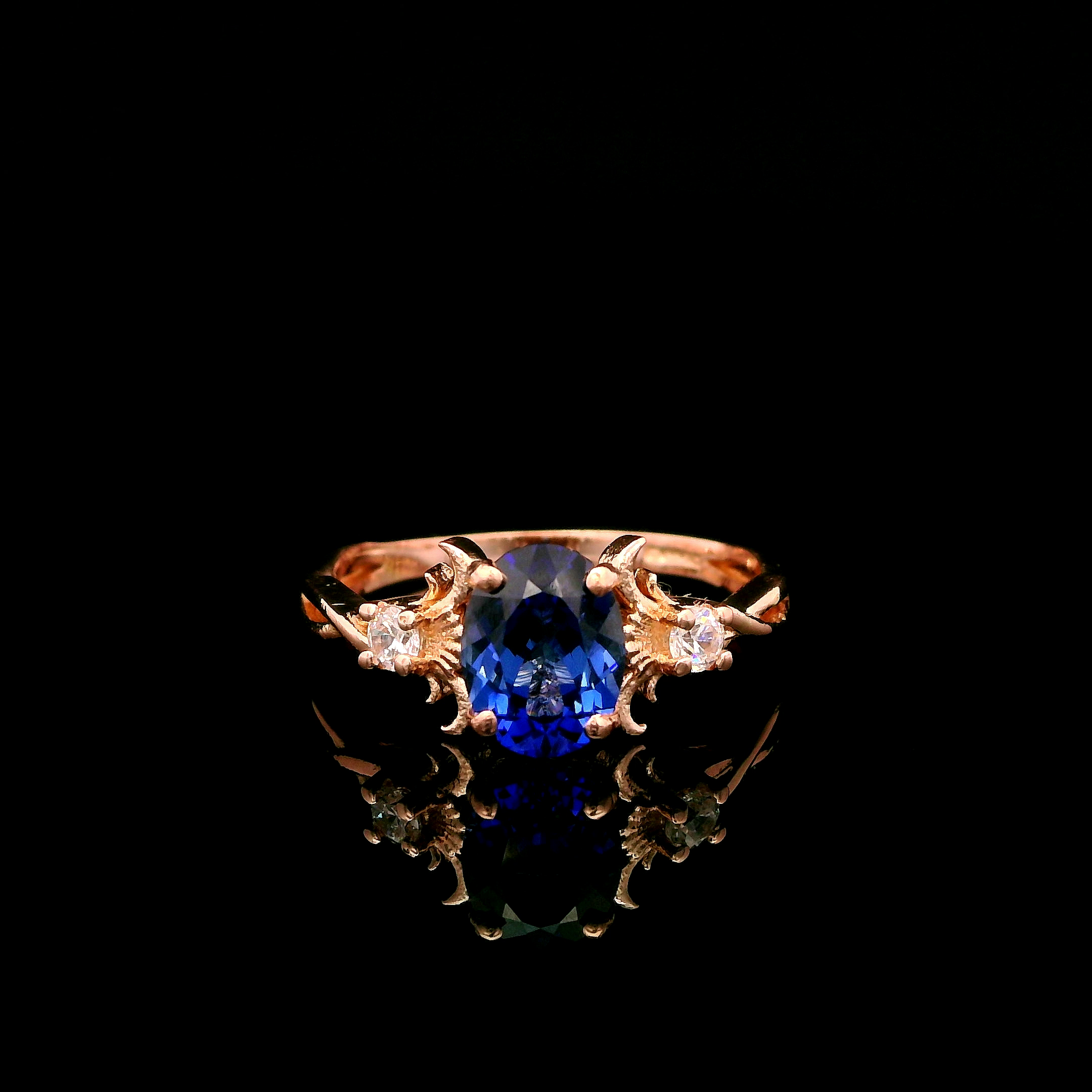 9ct Rose Gold Patterned Twist Shank Lab-Grown Sapphire Trilogy Ring