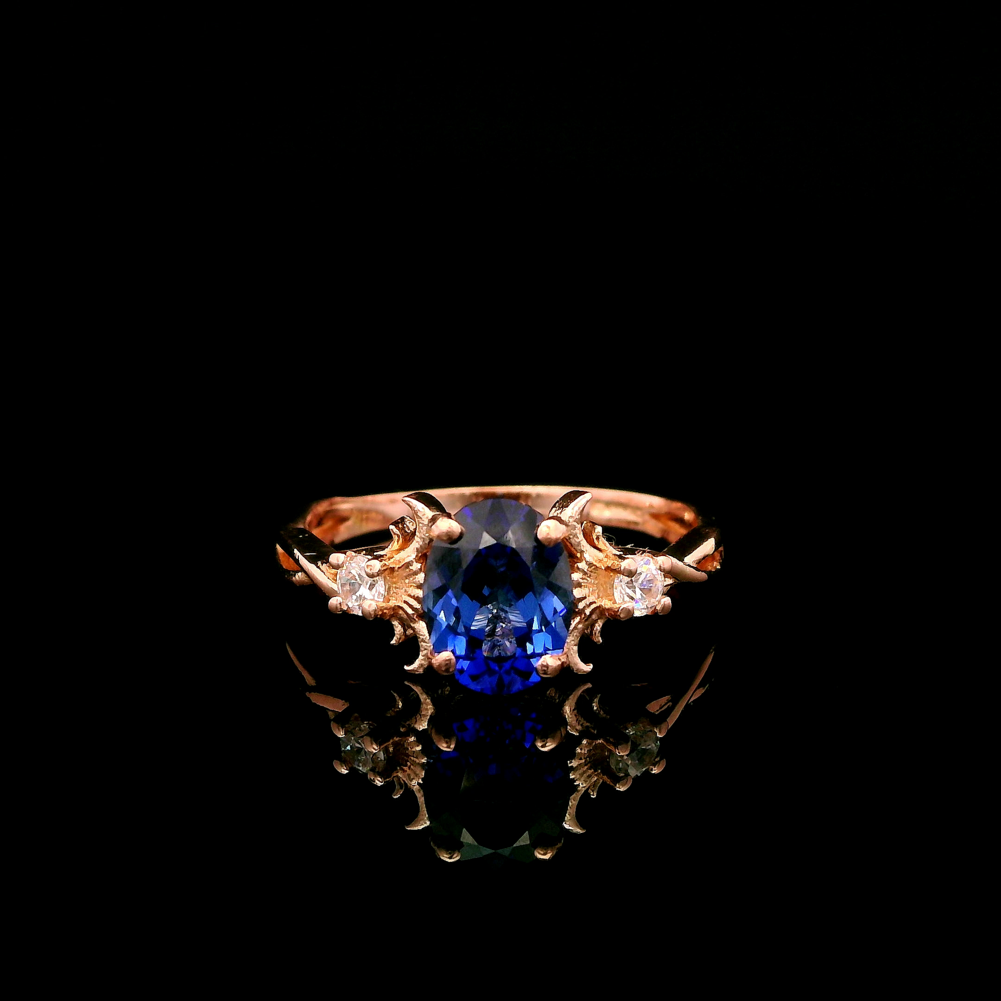 9ct Rose Gold Patterned Twist Shank Lab-Grown Sapphire Trilogy Ring