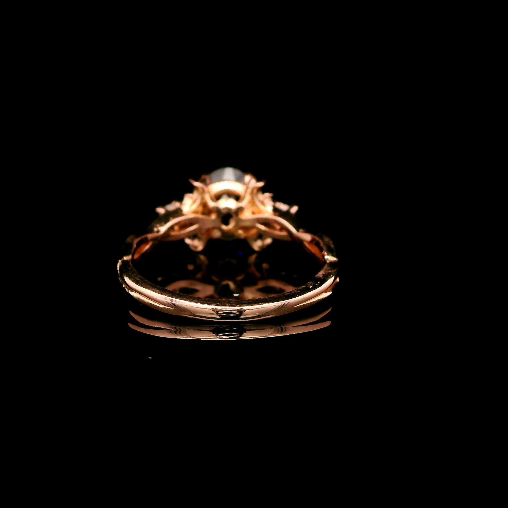 9ct Rose Gold Patterned Twist Shank Lab-Grown Sapphire Trilogy Ring