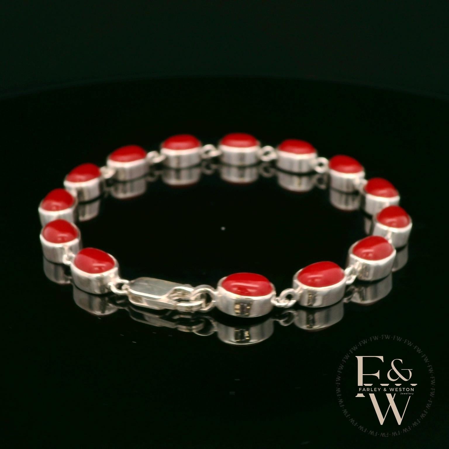 Sterling Silver Oval Red Coral Bracelet