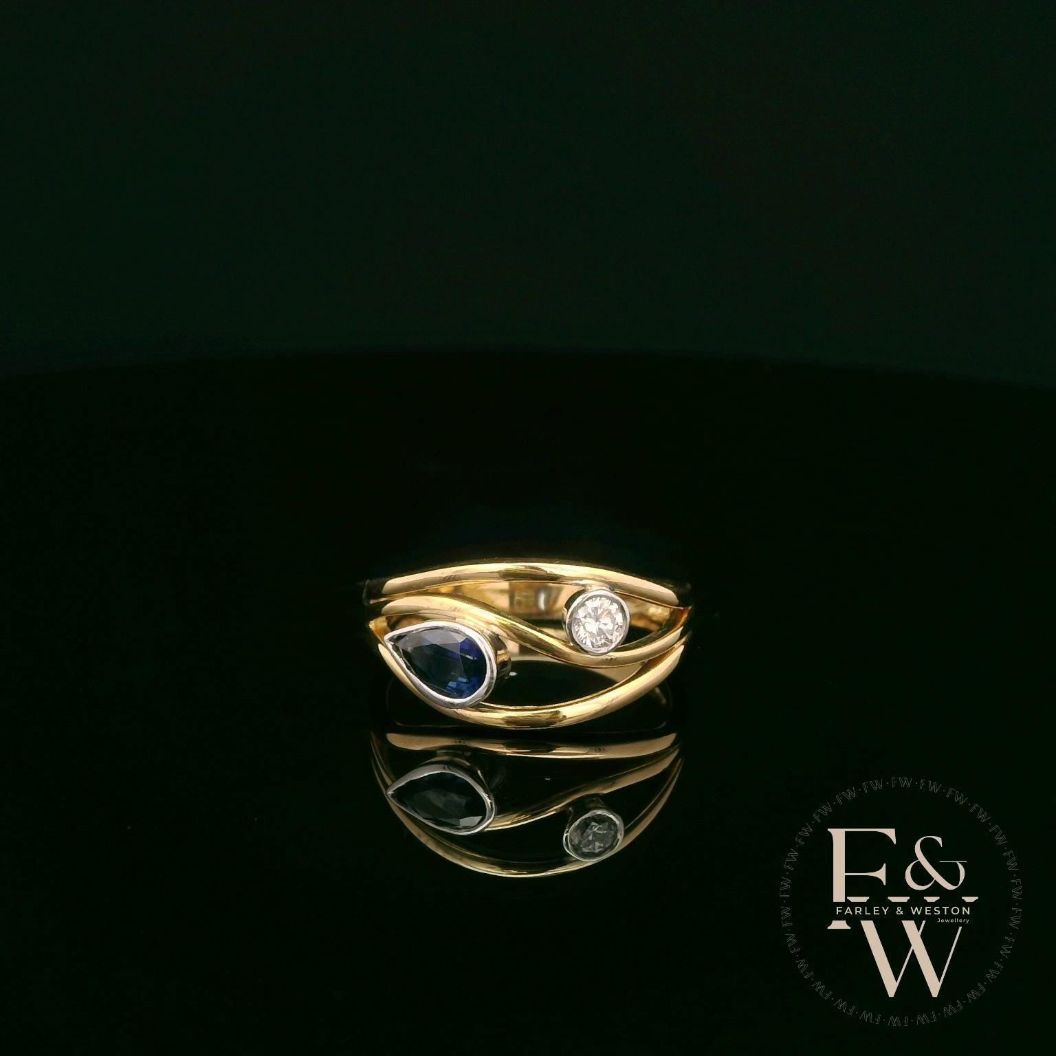 18ct White and Yellow Gold Royal Blue Pear-Cut Sapphire & Diamond Ring
