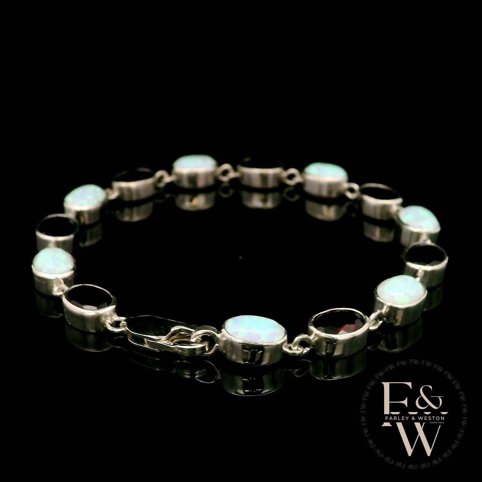Sterling Silver Oval Cultured Opal and Garnet Bracelet