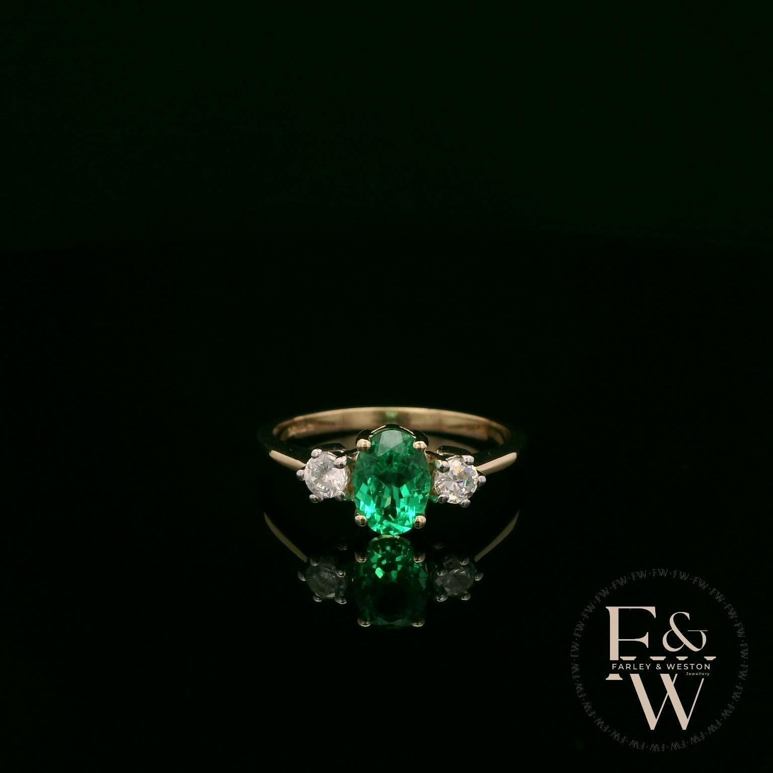 Lab Grown Emerald and Diamond 9ct Yellow Trilogy Ring