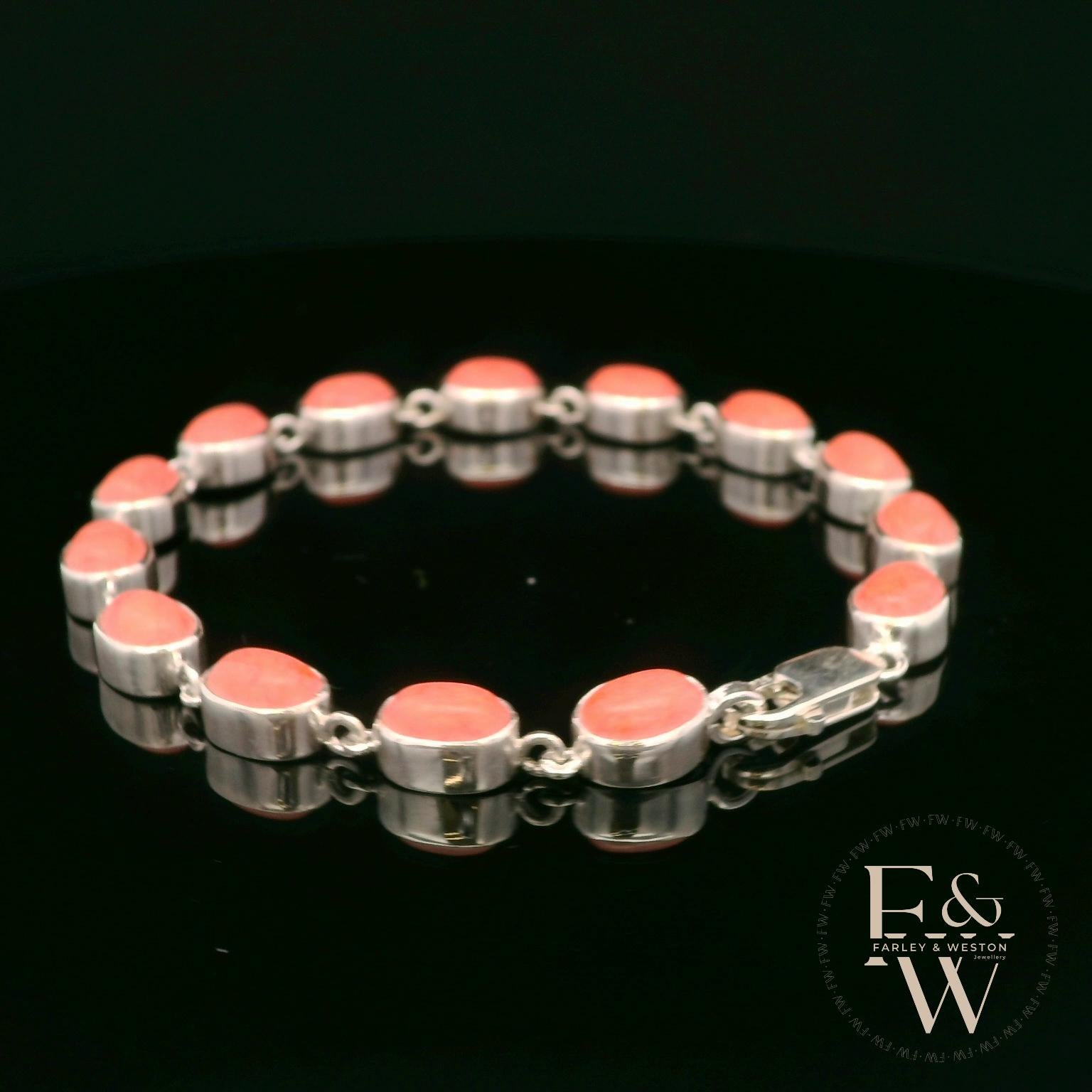 Sterling Silver Oval Coral Bracelet