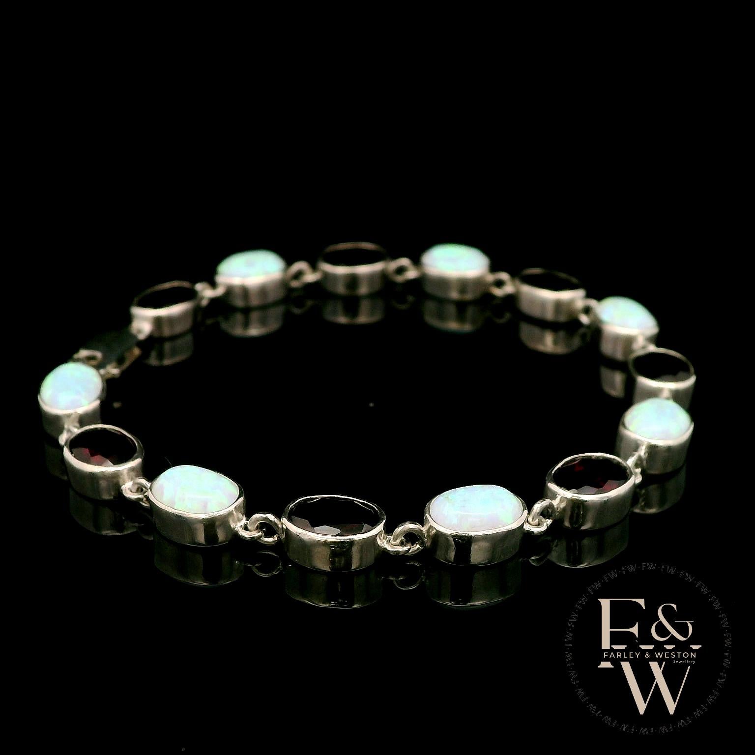 Sterling Silver Oval Cultured Opal and Garnet Bracelet