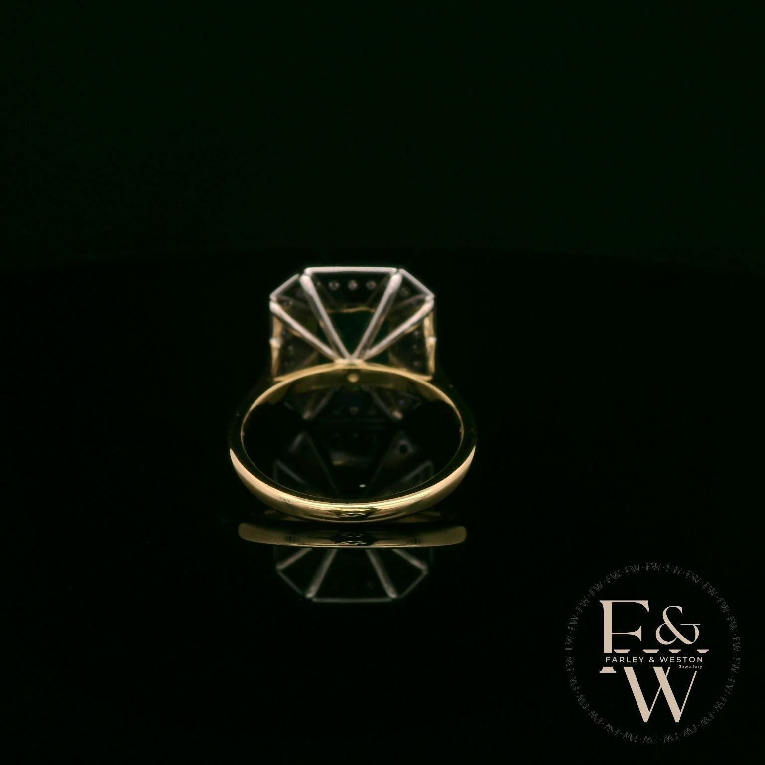 18ct White and Yellow Gold Emerald-Cut Emerald Diamond Halo Ring