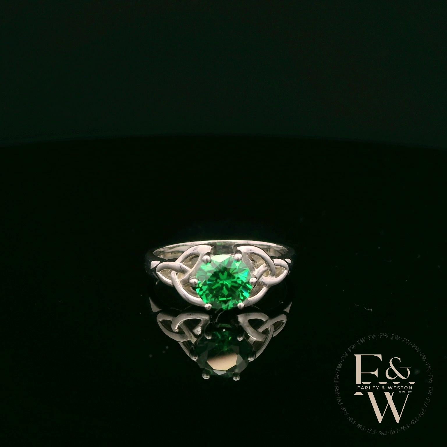 Celtic Patterned 9ct White Gold Emerald CZ Single Stone Ring