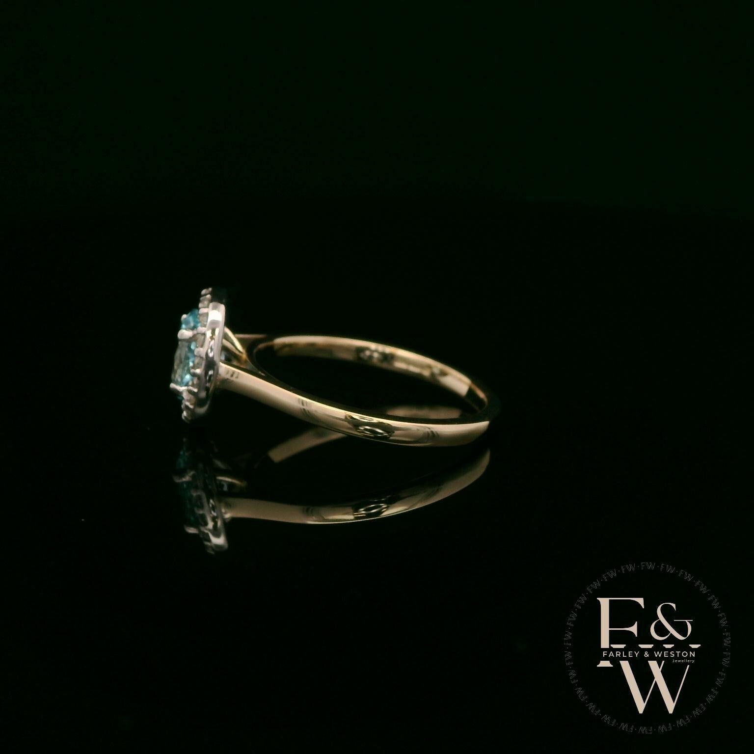 Lab Grown Aqua and Diamond 9ct Yellow Cluster Ring