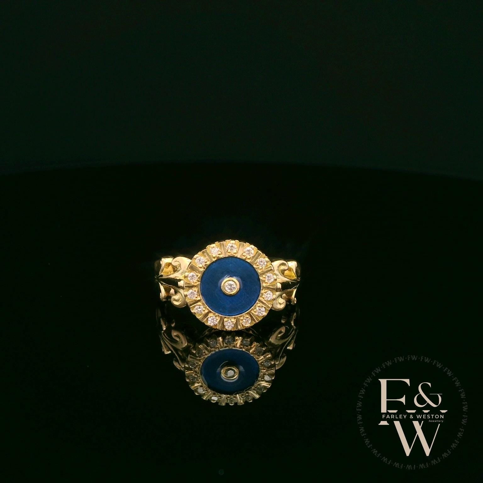 18ct Yellow Gold Blue Enamel & Diamond Feathered Shoulders Ring