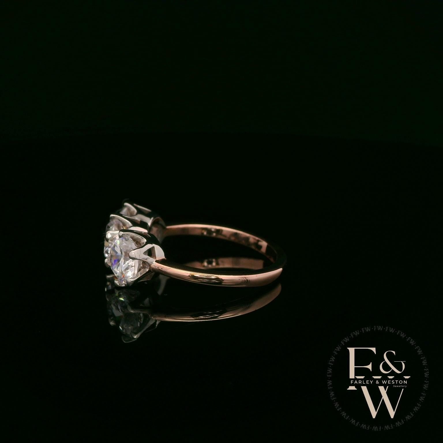 9ct Rose Gold & Three Stone Moissanite Ring