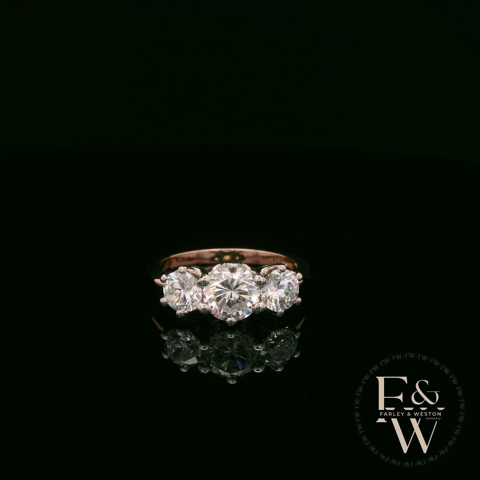 9ct Rose Gold & Three Stone Moissanite Ring