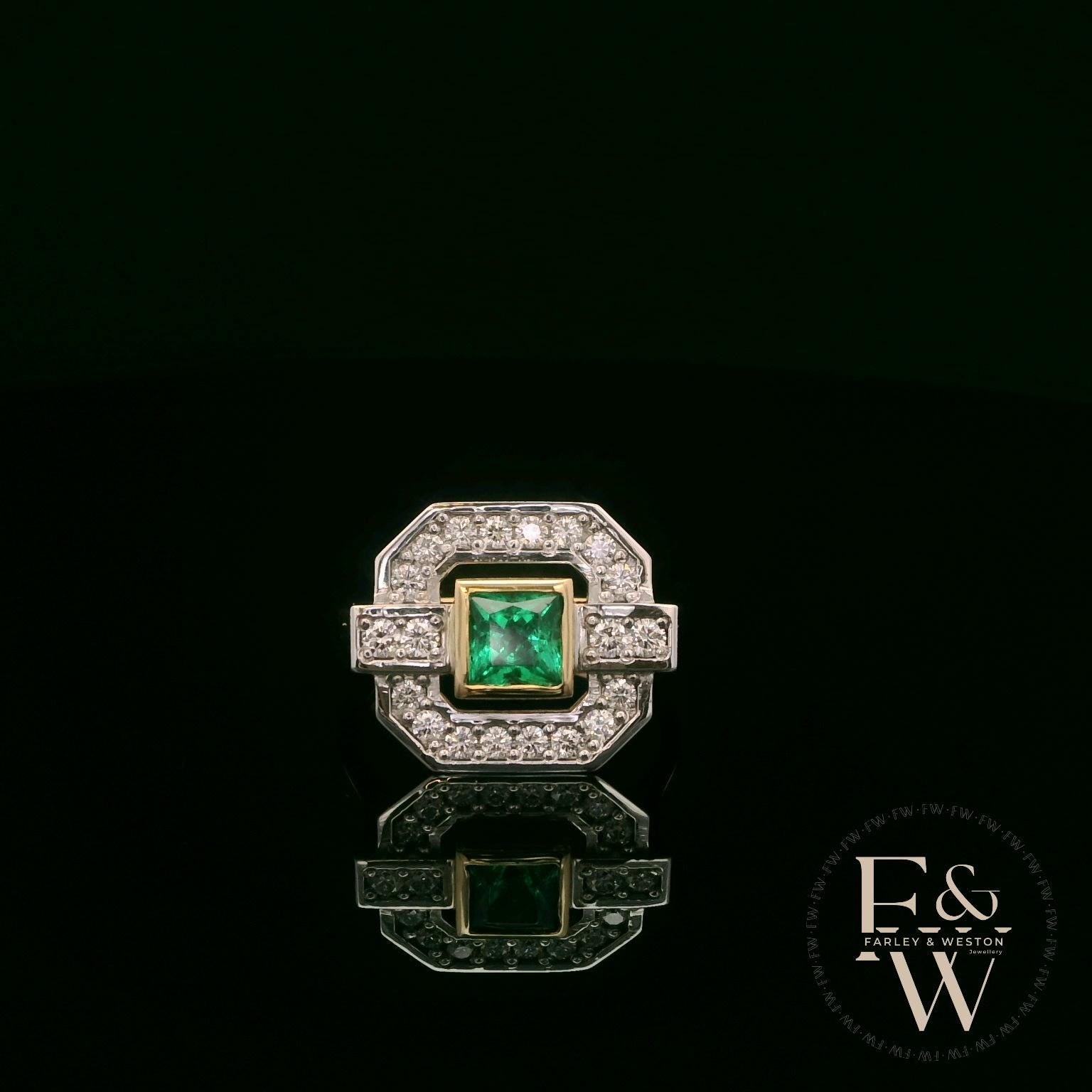 18ct White and Yellow Gold Princess-Cut Emerald & Diamond Vintage Ring