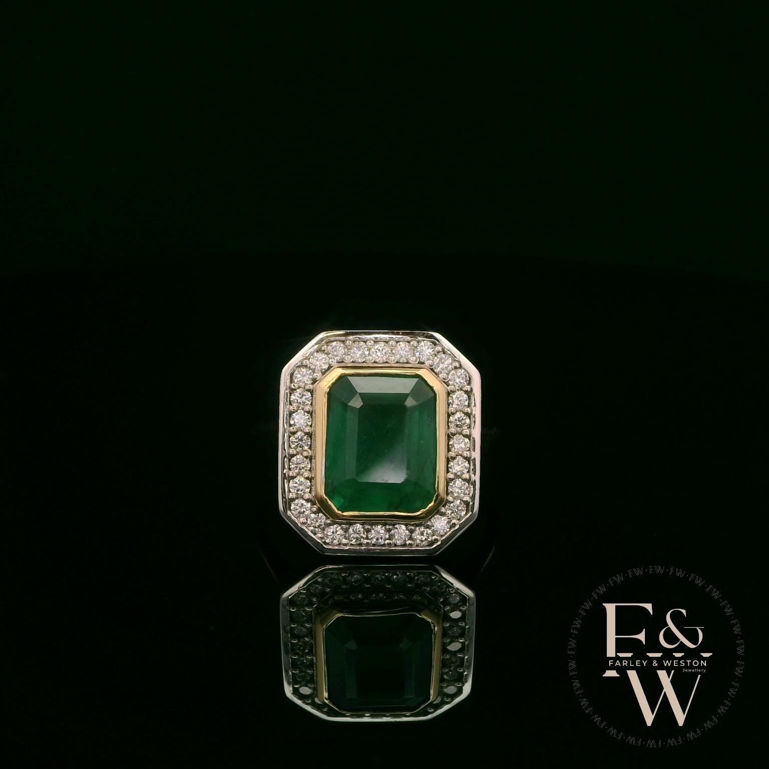 18ct White and Yellow Gold Emerald-Cut Emerald Diamond Halo Ring