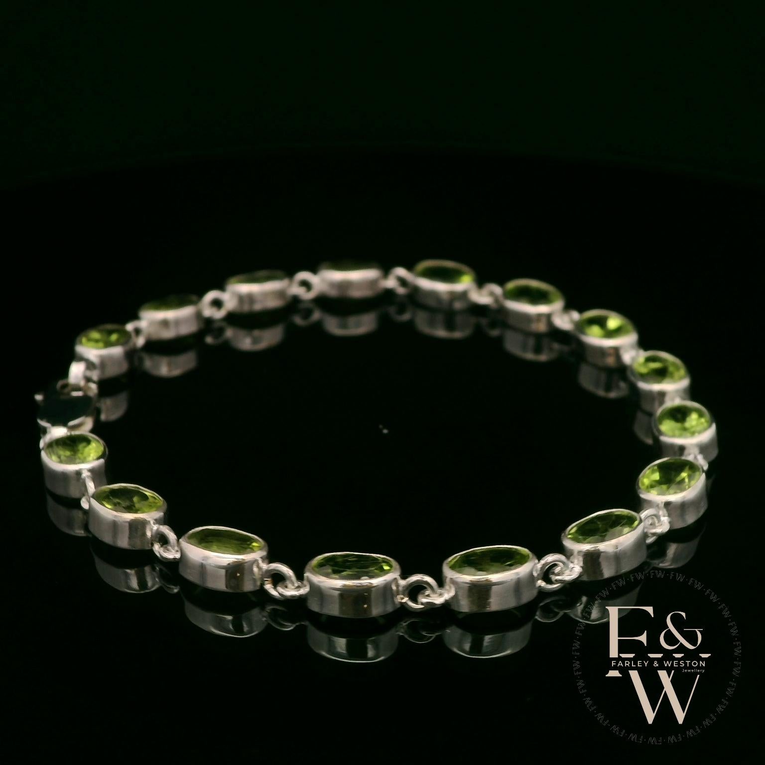 Sterling Silver Chain Bracelet with Cabochon Peridot Gemstones