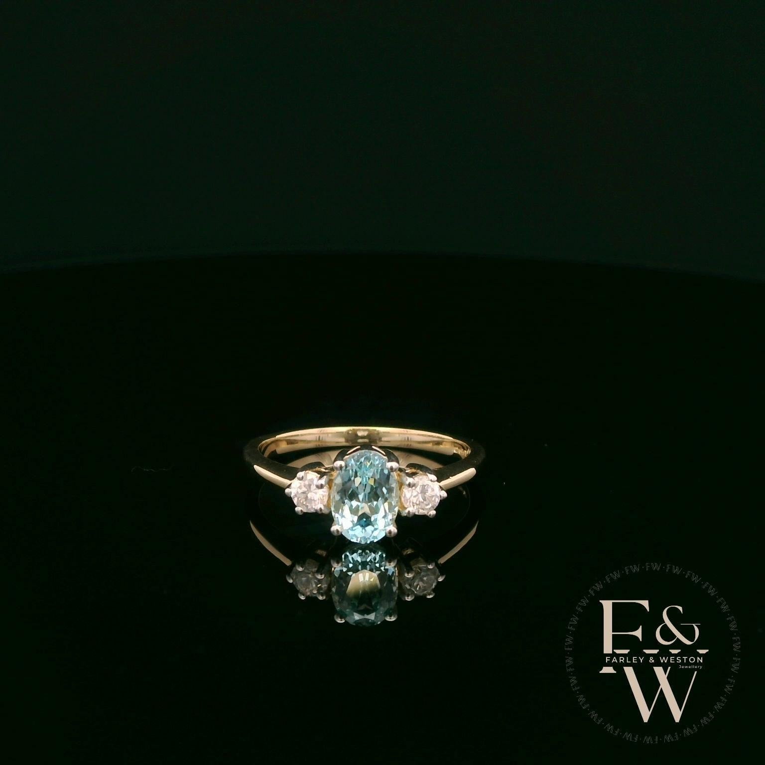 Lab Grown Aqua and Diamond 9ct Yellow Trilogy Ring
