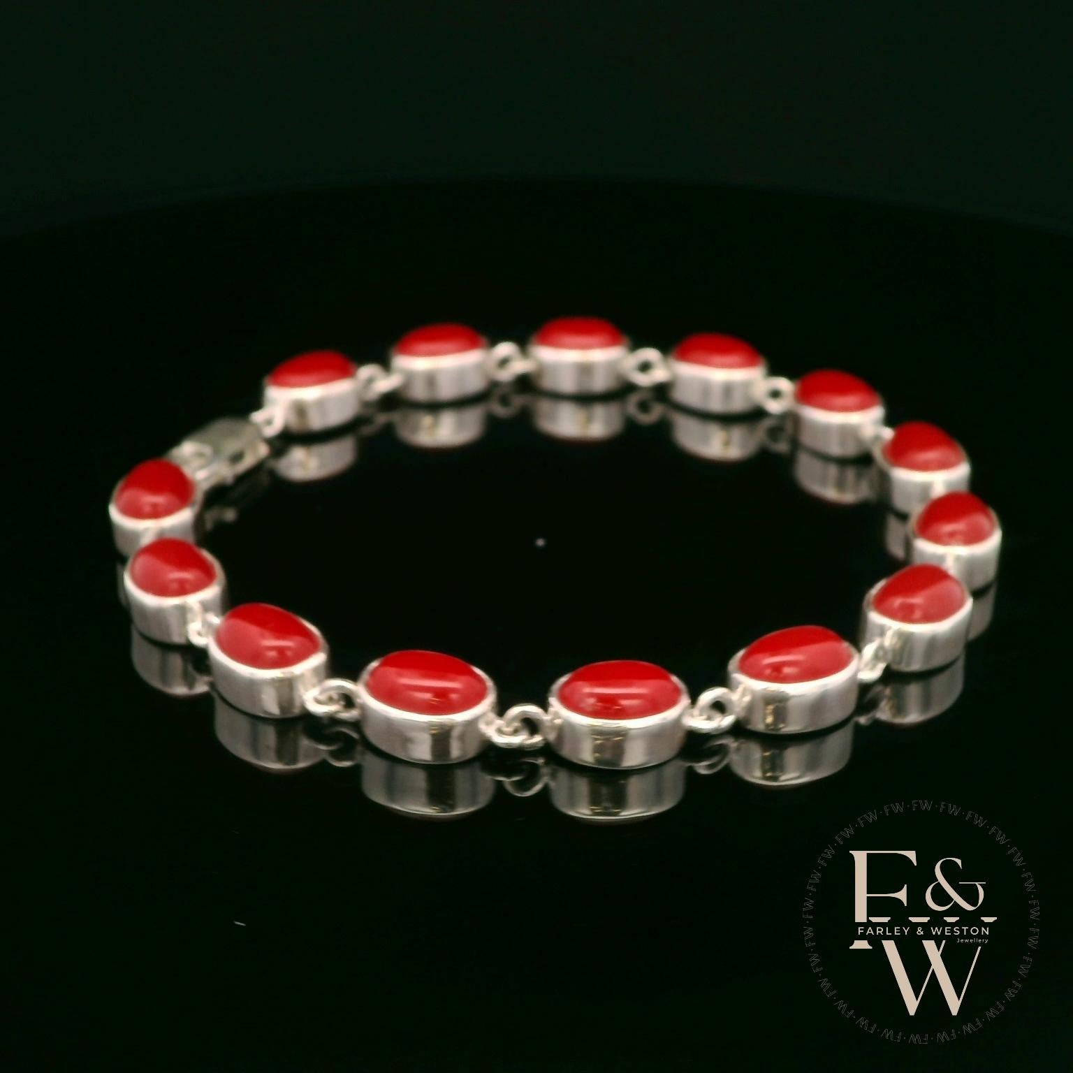 Sterling Silver Oval Red Coral Bracelet