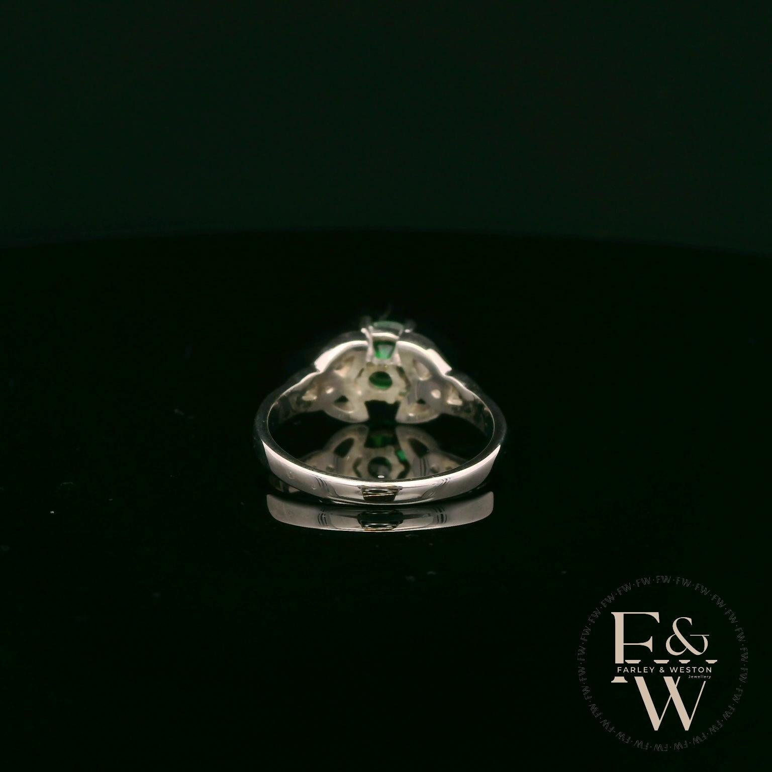 Celtic Patterned 9ct White Gold Emerald CZ Single Stone Ring
