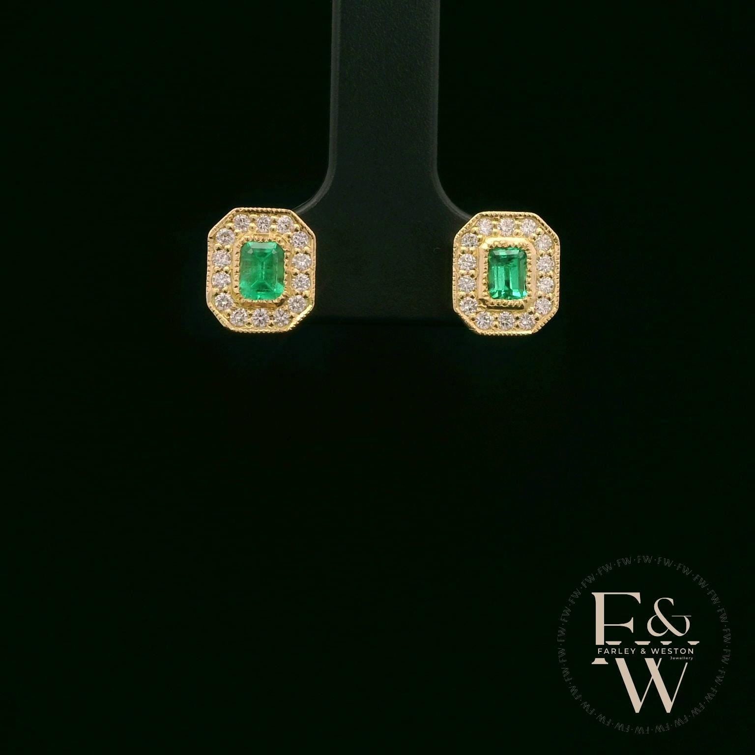 18ct Yellow Gold Emerald-Cut Emerald & Diamond Studs
