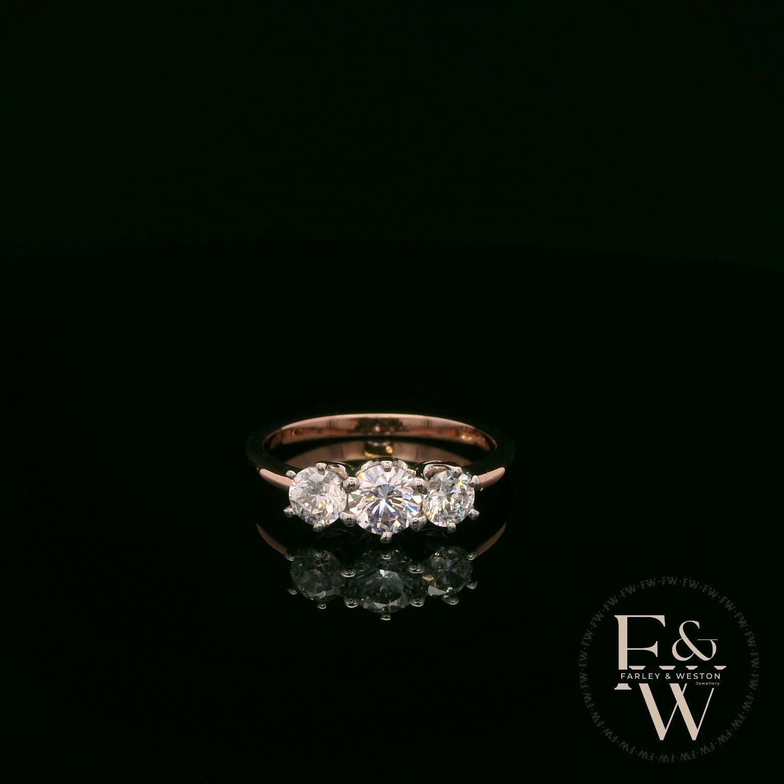 9ct Rose Gold & Three Stone Moissanite Ring