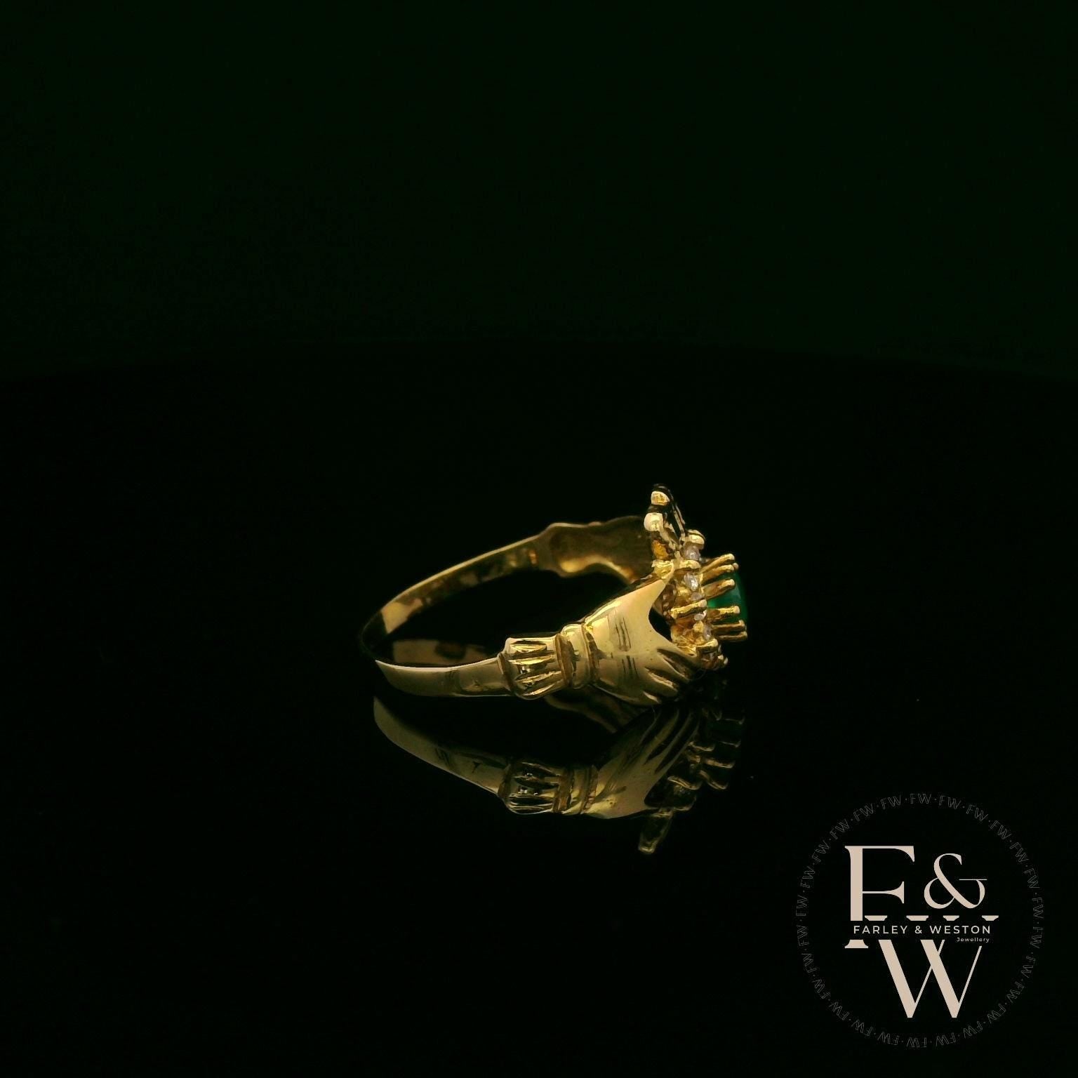 9ct Yellow Gold Agate and Diamond Unique Claddagh Ring