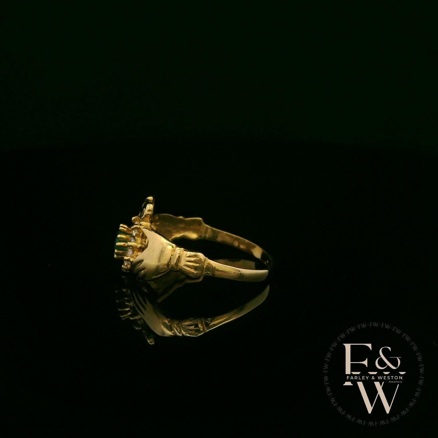 9ct Yellow Gold Agate and Diamond Unique Claddagh Ring