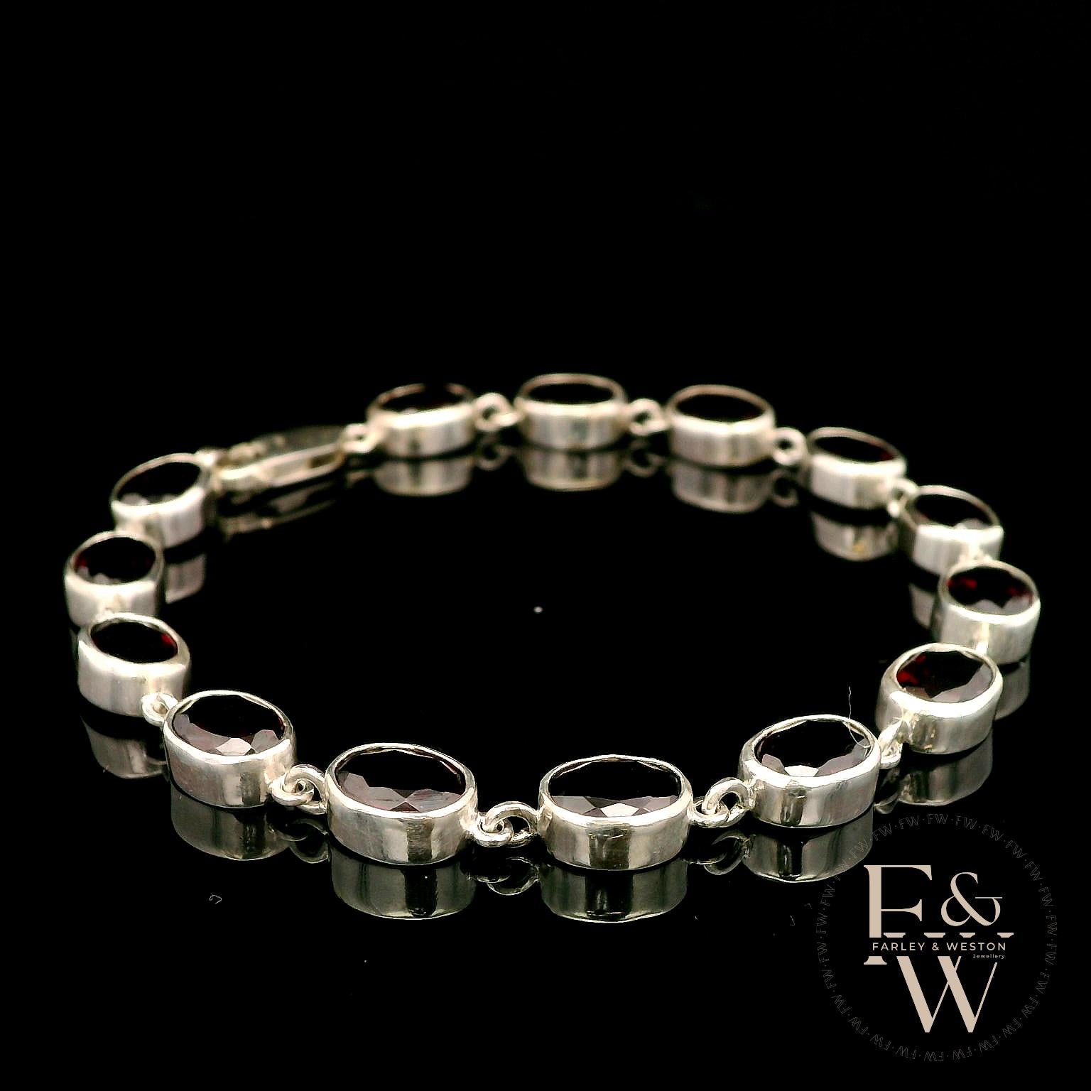 Sterling Silver Oval Garnet Bracelet