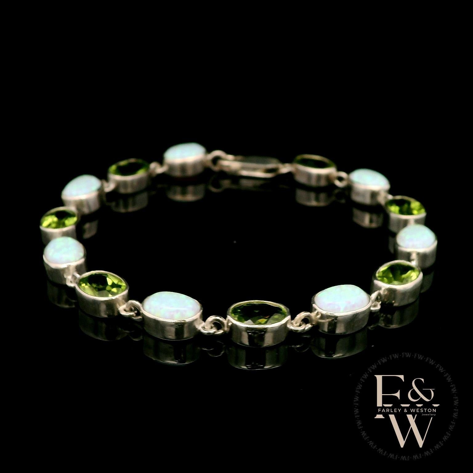 Sterling Silver Oval Cultured Opal and Peridot Bracelet