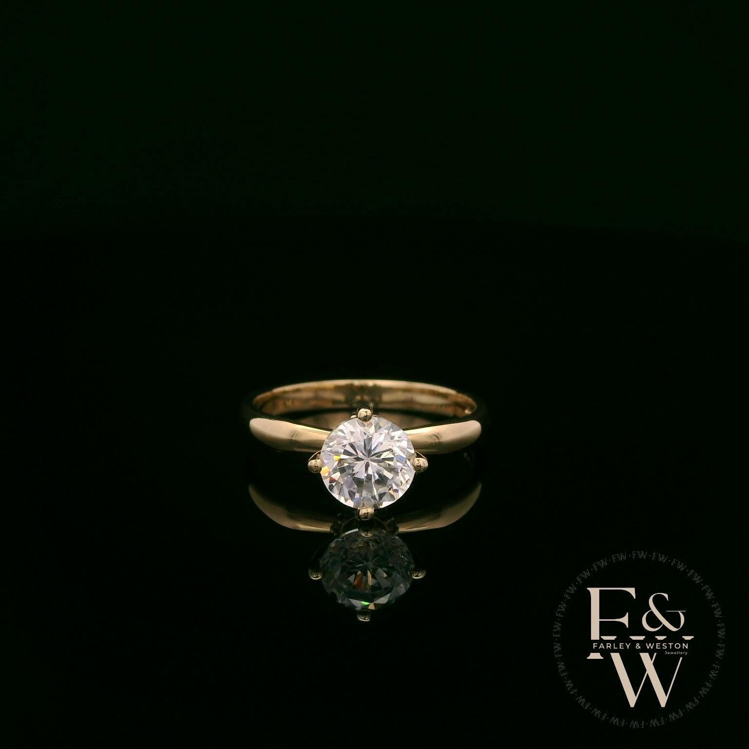 9ct Yellow Gold White Moissanite Single Stone with Bezel Set Head Ring