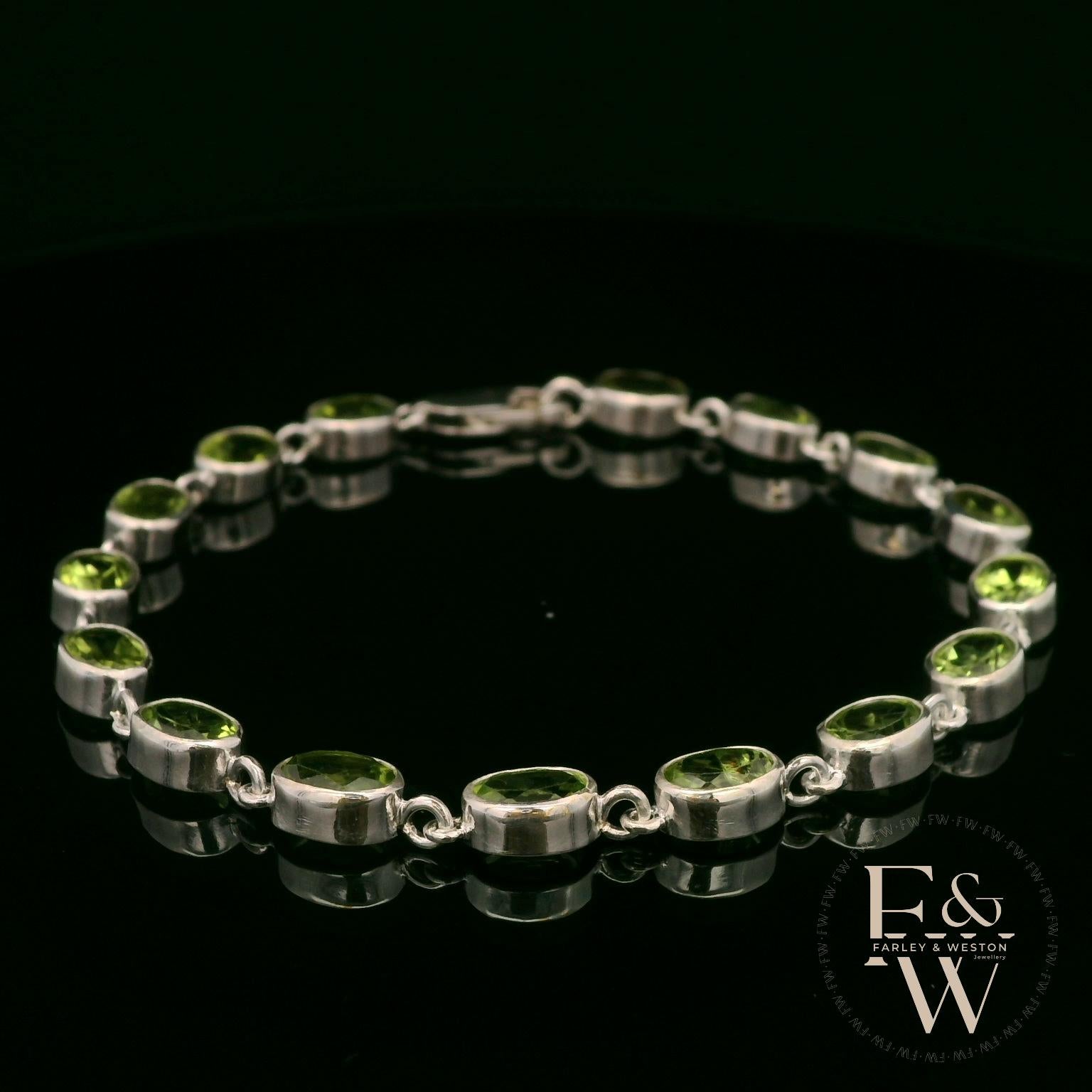 Sterling Silver Chain Bracelet with Cabochon Peridot Gemstones