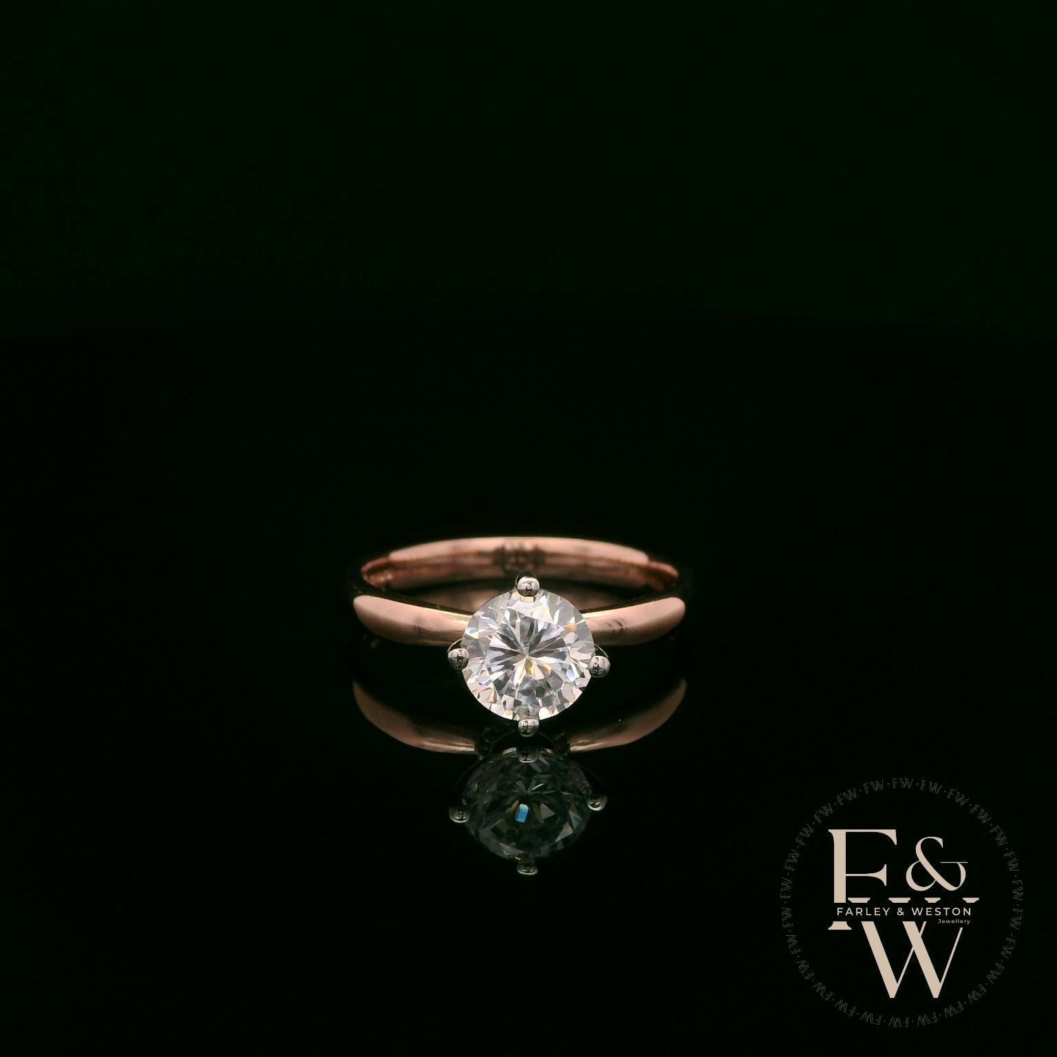 9ct Rose Gold White Moissanite Single Stone with Bezel Set Head Ring