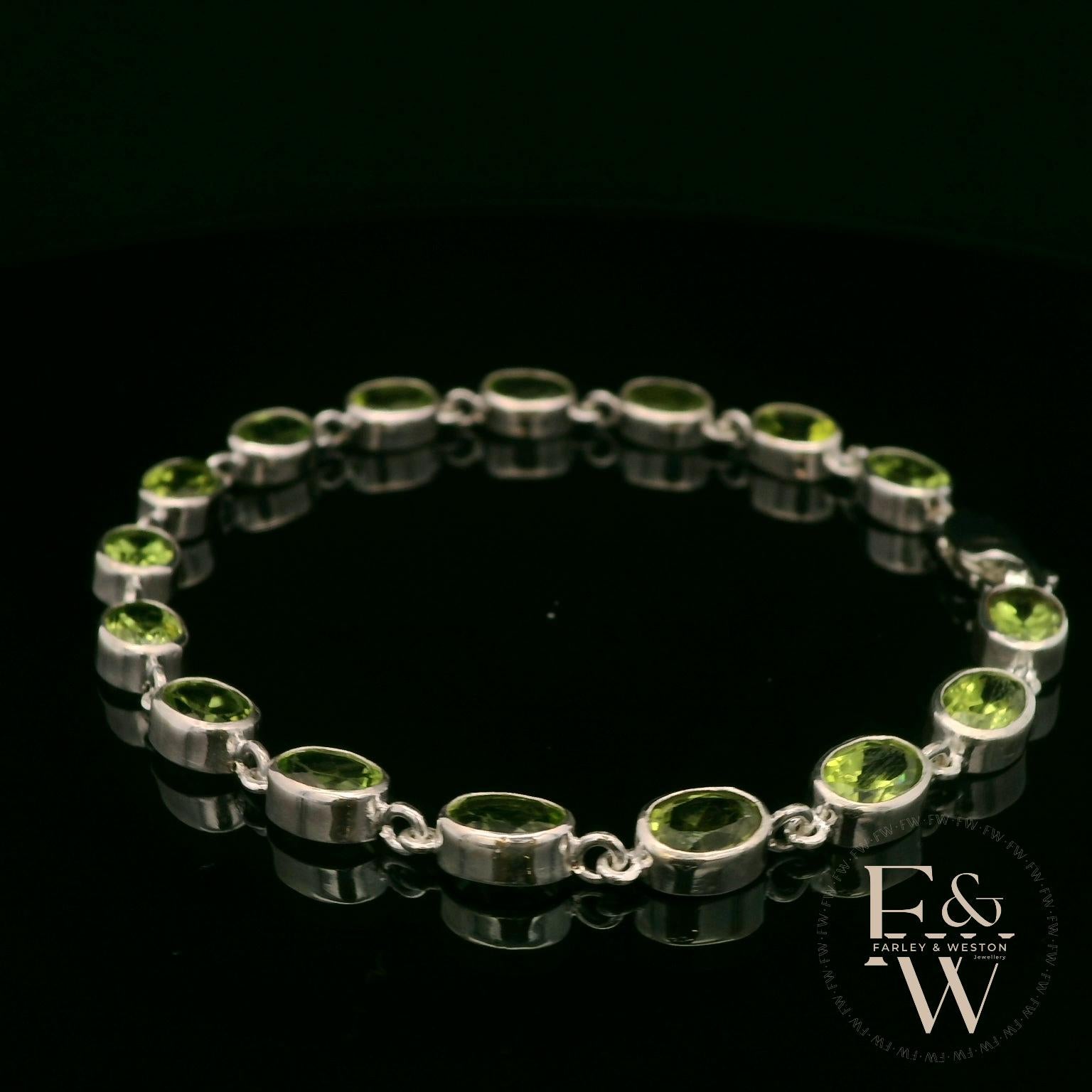Sterling Silver Chain Bracelet with Cabochon Peridot Gemstones