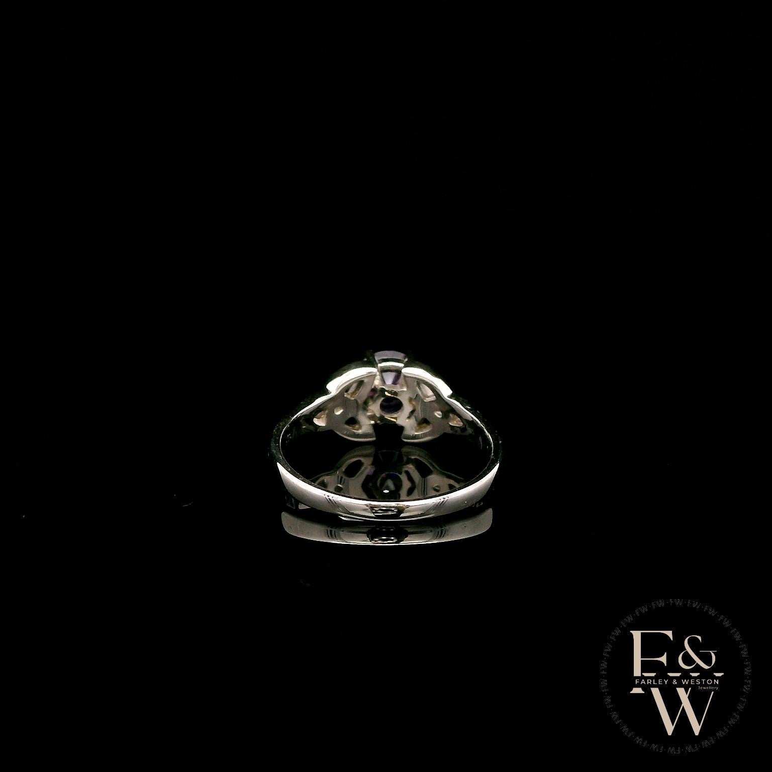 Celtic Patterned 9ct White Gold Amethyst CZ Single Stone Ring