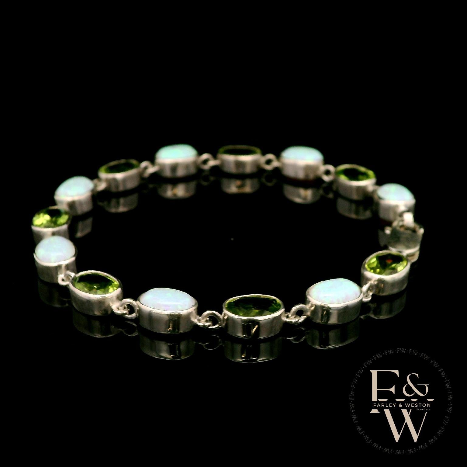 Sterling Silver Oval Cultured Opal and Peridot Bracelet