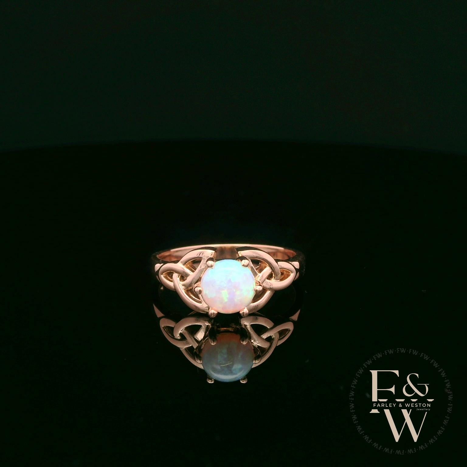 Celtic Patterned 9ct Rose Gold Cultured Opal Single Stone Ring