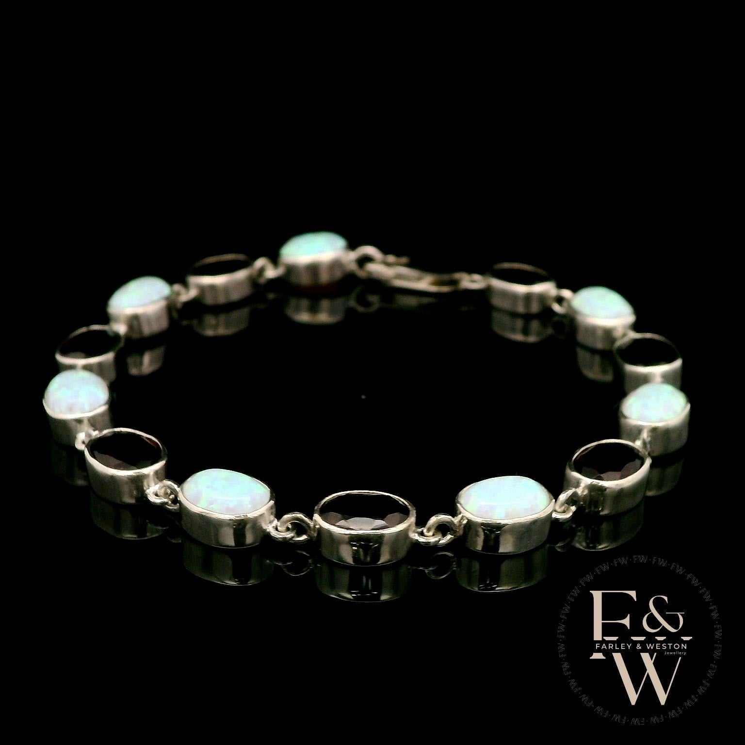 Sterling Silver Oval Cultured Opal and Garnet Bracelet