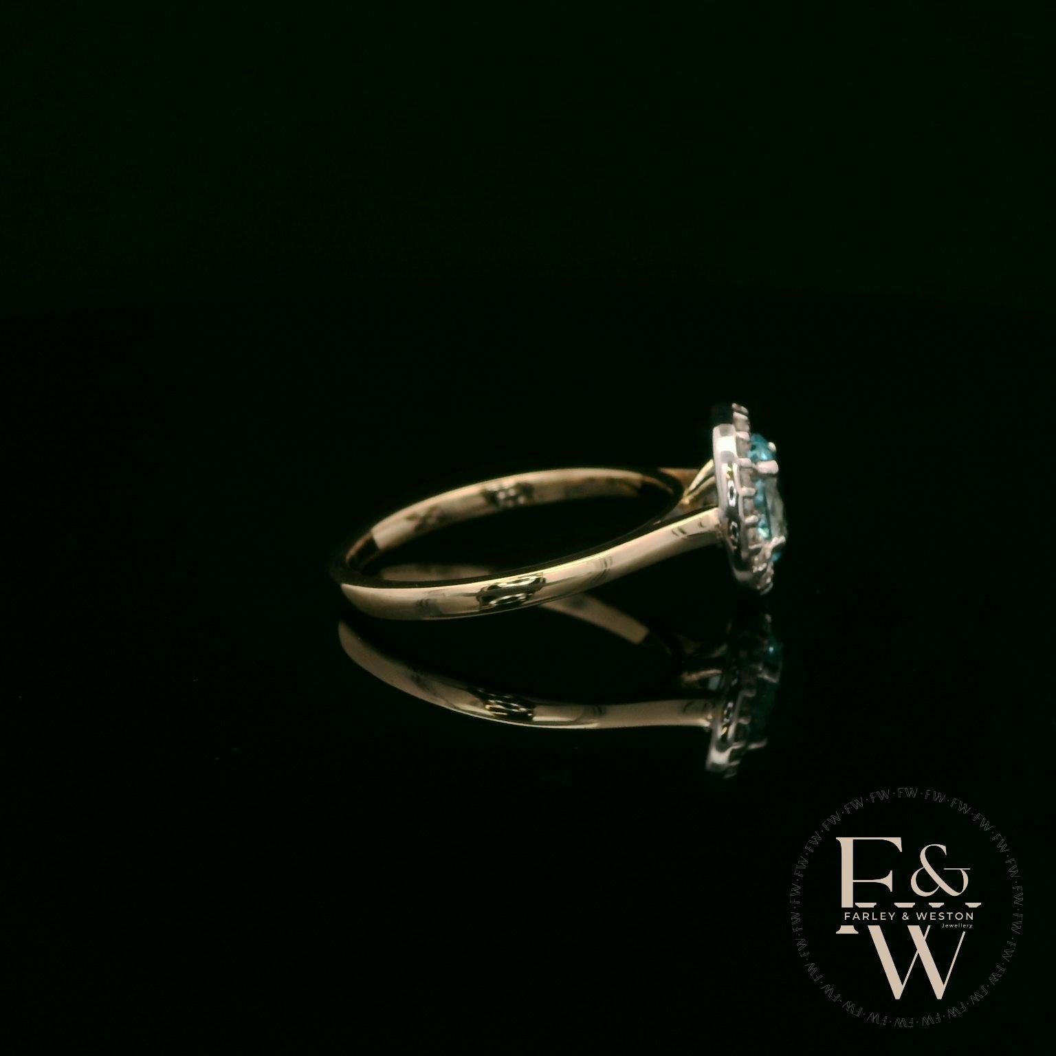 Lab Grown Aqua and Diamond 9ct Yellow Cluster Ring