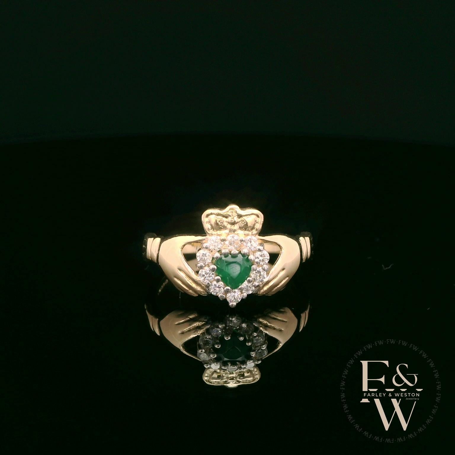 9ct Yellow Gold Green Agate & White CZ Claddagh Cluster Ring