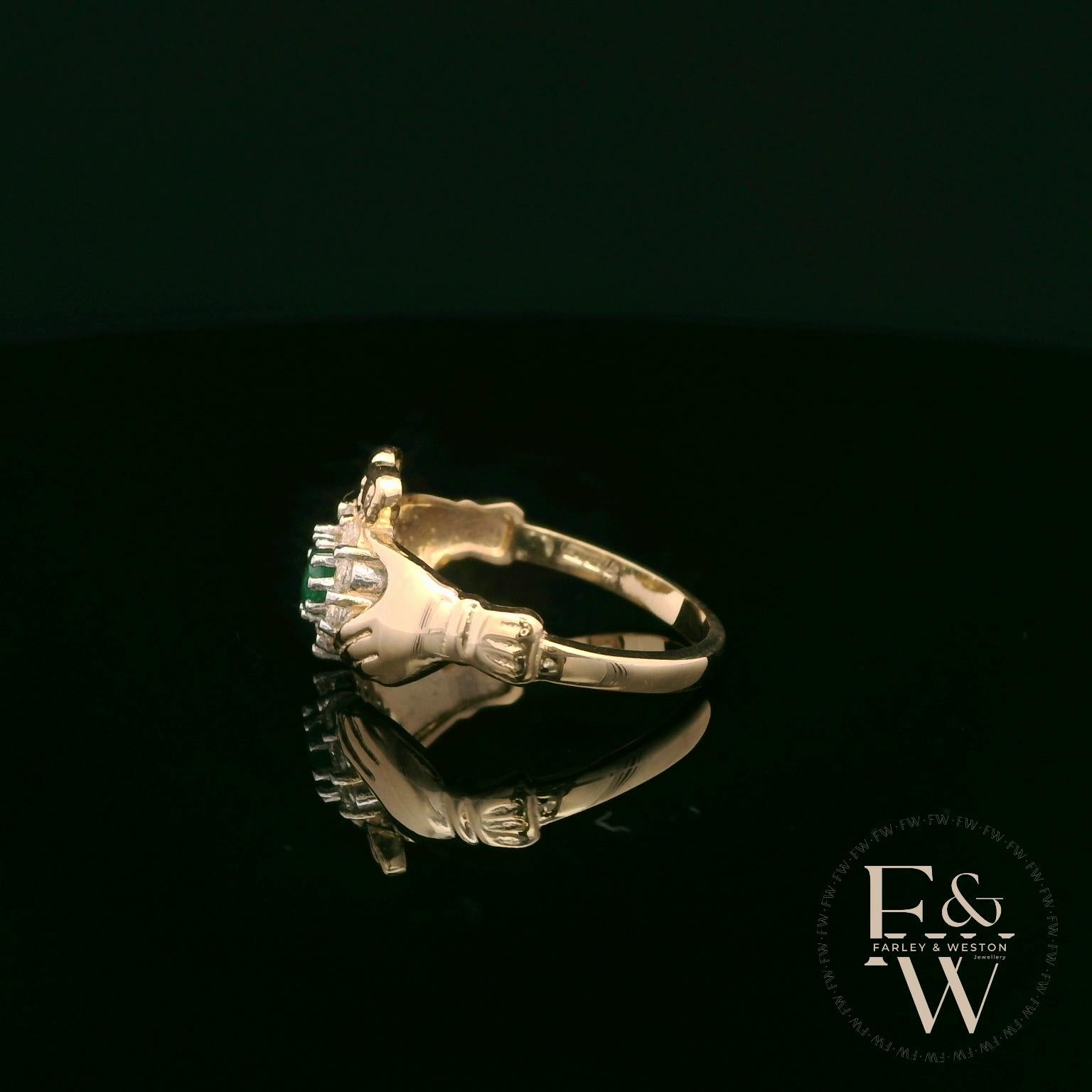 9ct Yellow Gold Green Agate & White CZ Claddagh Cluster Ring